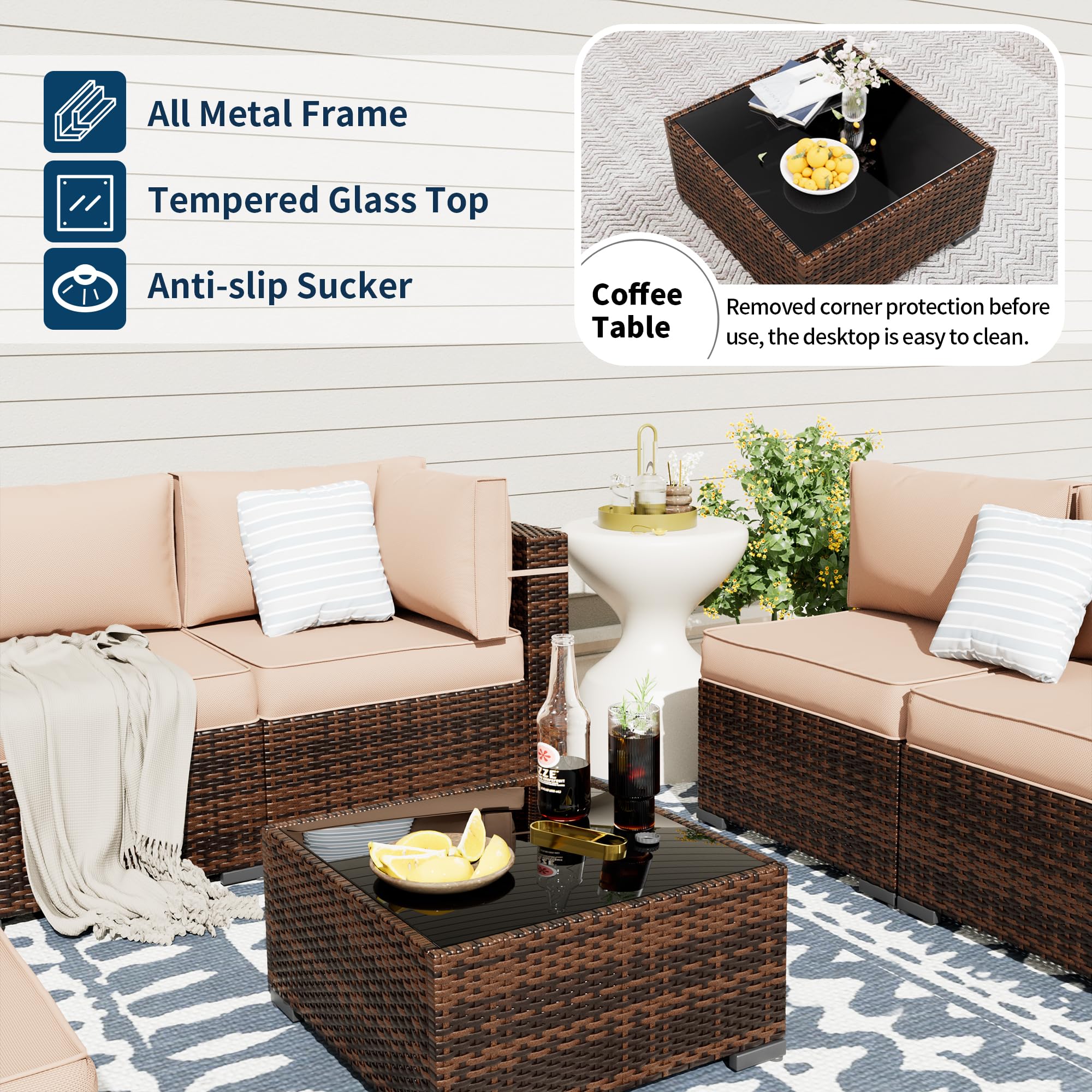 UDPATIO 7-Piece Modular Rattan Outdoor Patio Sectional Sofa Set with Side Table - Brown/Khaki Wicker Furniture for Backyard, Deck & Garden (Includes Sofa Cover) | Perfect for Outdoor Entertaining, Lounging & Relaxation