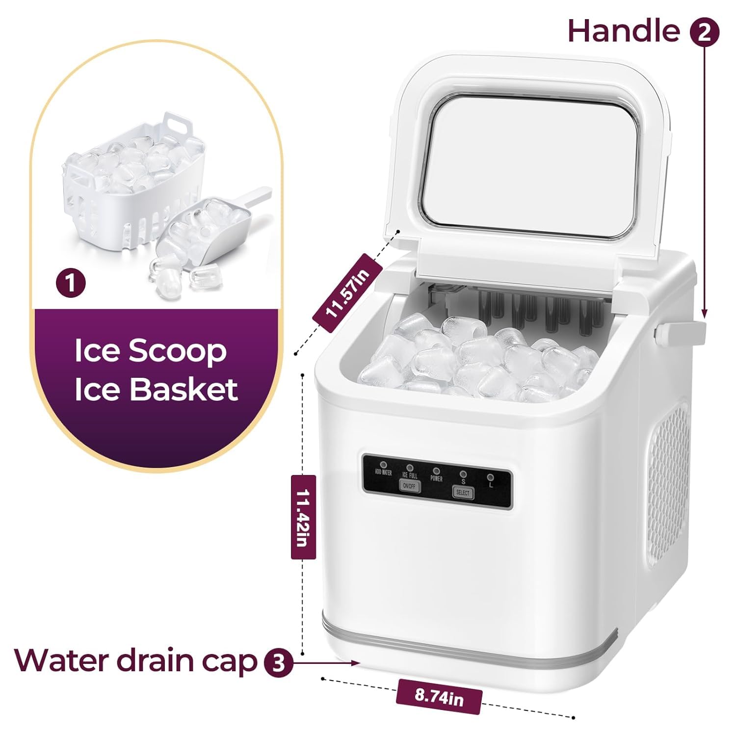 R.W.FLAME Countertop Ice Maker - 9 Bullet Ice Cubes in 6 Minutes, 26.5lbs/24Hrs, Self-Cleaning Portable Ice Machine with Basket & Scoop - Perfect for Home, Office, Kitchen, Bar & Party Use (White)