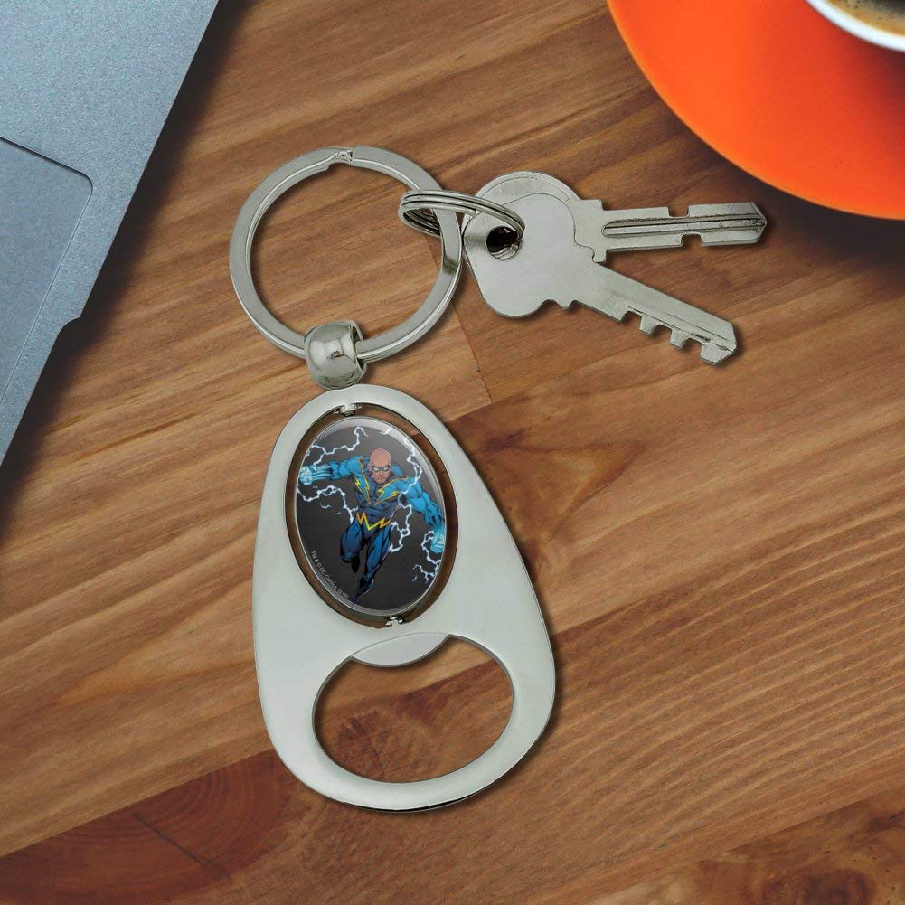 Justice League Black Lightning Metal Spinning Bottle Opener Keychain - Chrome Oval Superhero Gift for Fans, Collectors & DC Comics Lovers - Perfect for Keyrings, Backpacks, Gifts & Comic Con Events