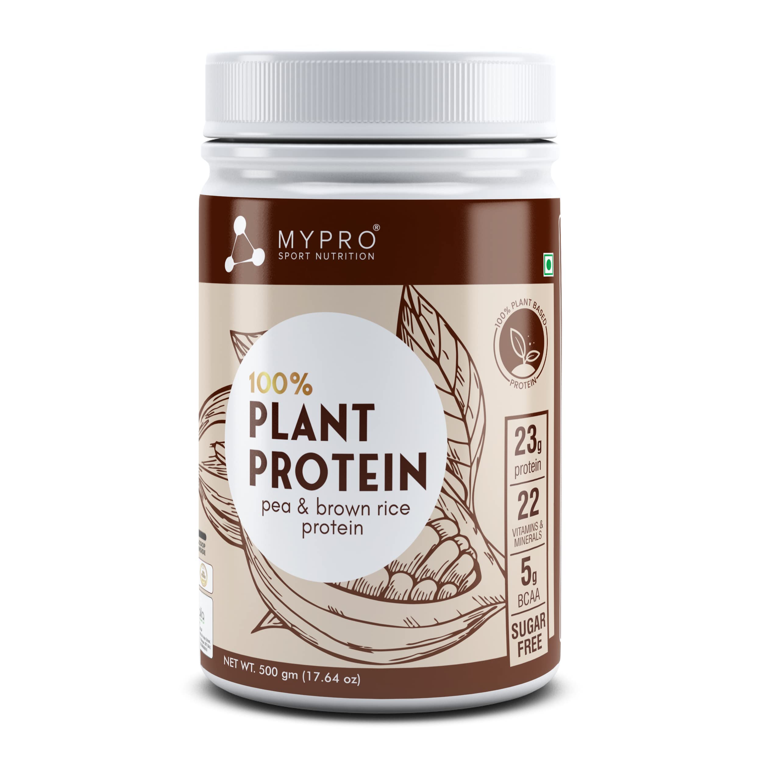 Mypro Sport Nutrition Plant Protein Powder - Pea & Brown Rice Protein (23g Protein, 22 Vitamins & Minerals, 5g BCAA) Vegan Protein Supplement - Coffee Caramel Flavor, 500g | Ideal for Post-Workout Recovery, Muscle Building & Healthy Lifestyle