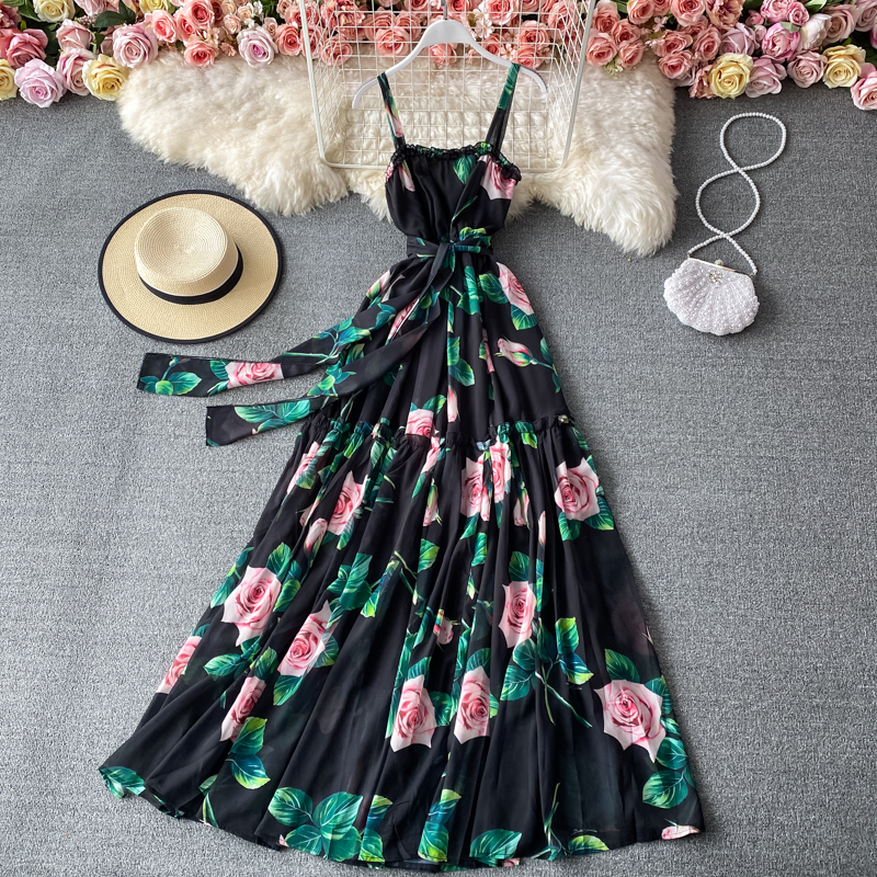 French Retro Floral Print Dress - Thin Shoulder Strap Round Neck Swing Dress for Women | Vintage Style Summer Dress for Beach, Party & Casual Wear