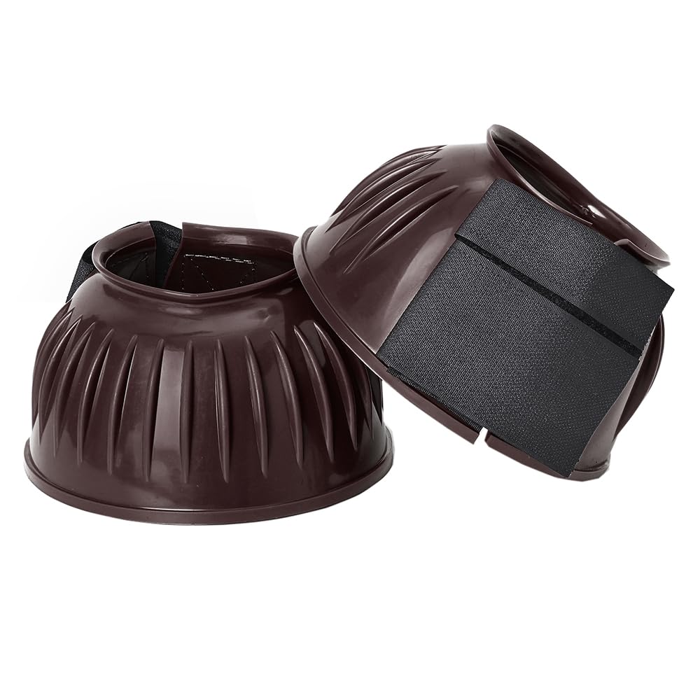 HILASON PVC Ribbed Double Hook and Loop Bell Boots for Horses - Durable Brown Hoof Protection for Riding, Training, and Stable Use