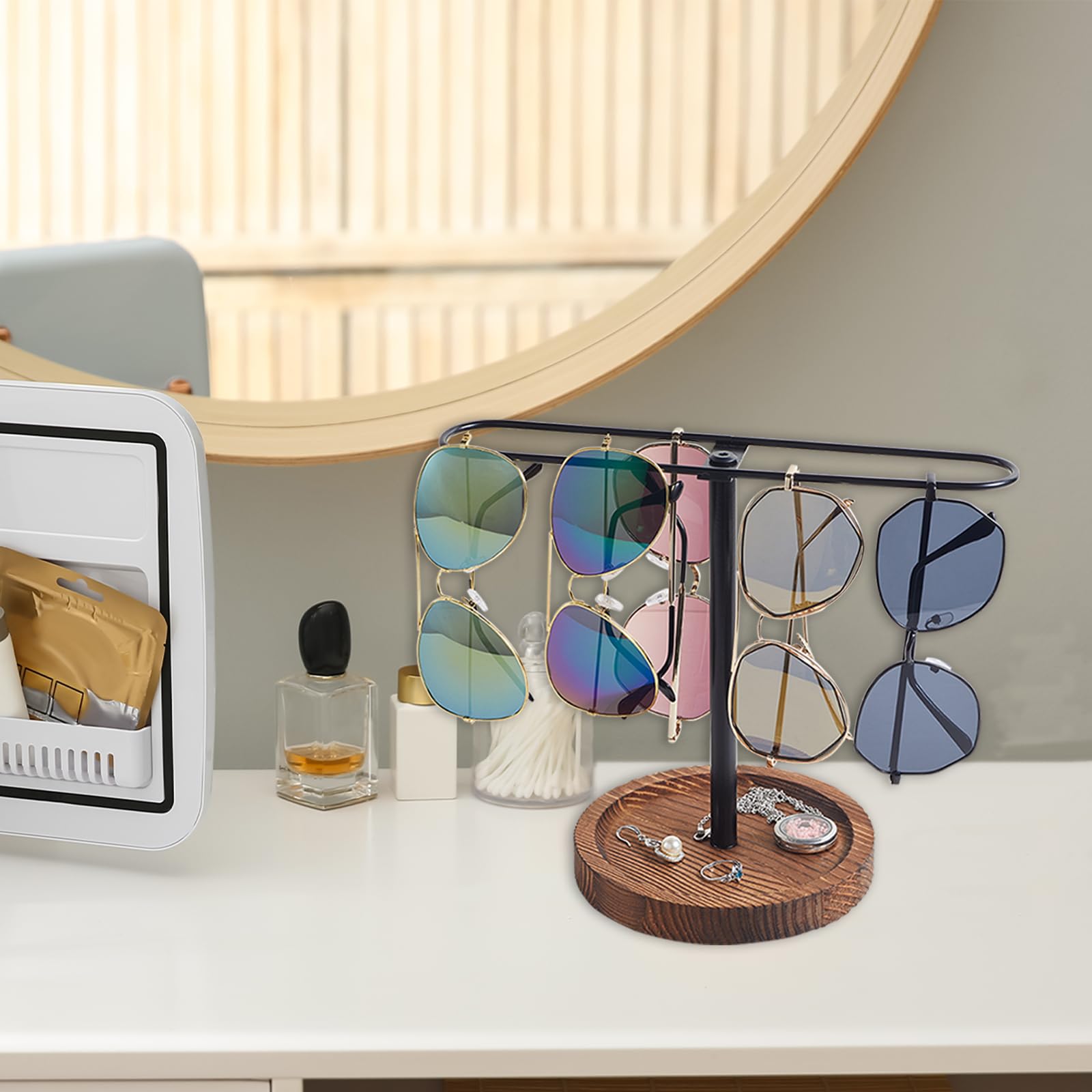 Wooden & Metal Sunglasses Organizer Stand - Multi-Glasses Holder for Men & Women - Eyeglass Storage Rack for Dresser, Desk, Nightstand - Perfect for Bedroom, Office & Travel Accessories Organization