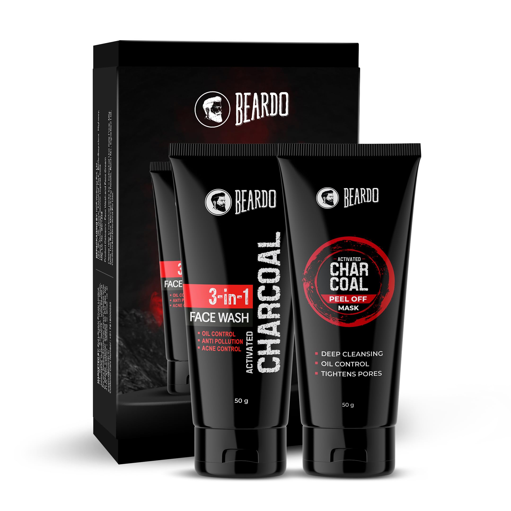 Beardo Charcoal Face Wash & Peel Off Mask Set - 50ml Face Wash & 50g Mask for Deep Pore Cleansing, Blackhead Removal & Glowing Skin | Men's Skincare Gift Set for Valentine's Day, Anniversary or Birthday | Perfect for Daily Face Care Routine & Special Occasion Gifting