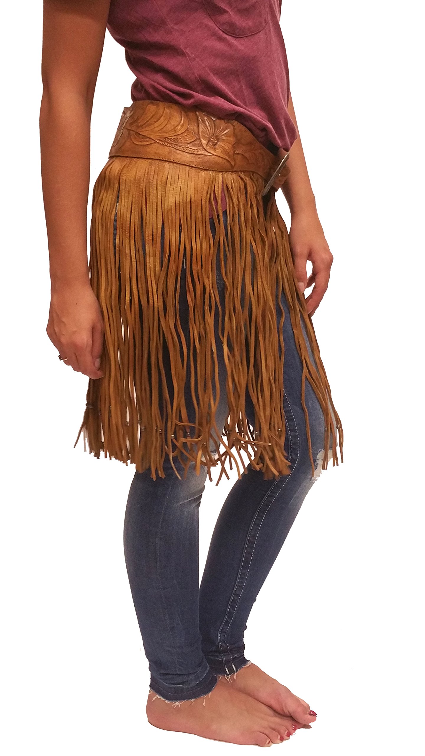 Hand-Tooled Genuine Leather Fringe Belt for Women & Men - Western Boho Style Accessory - Perfect for Country Music Festivals, Rodeos & Vintage Fashion Outfits