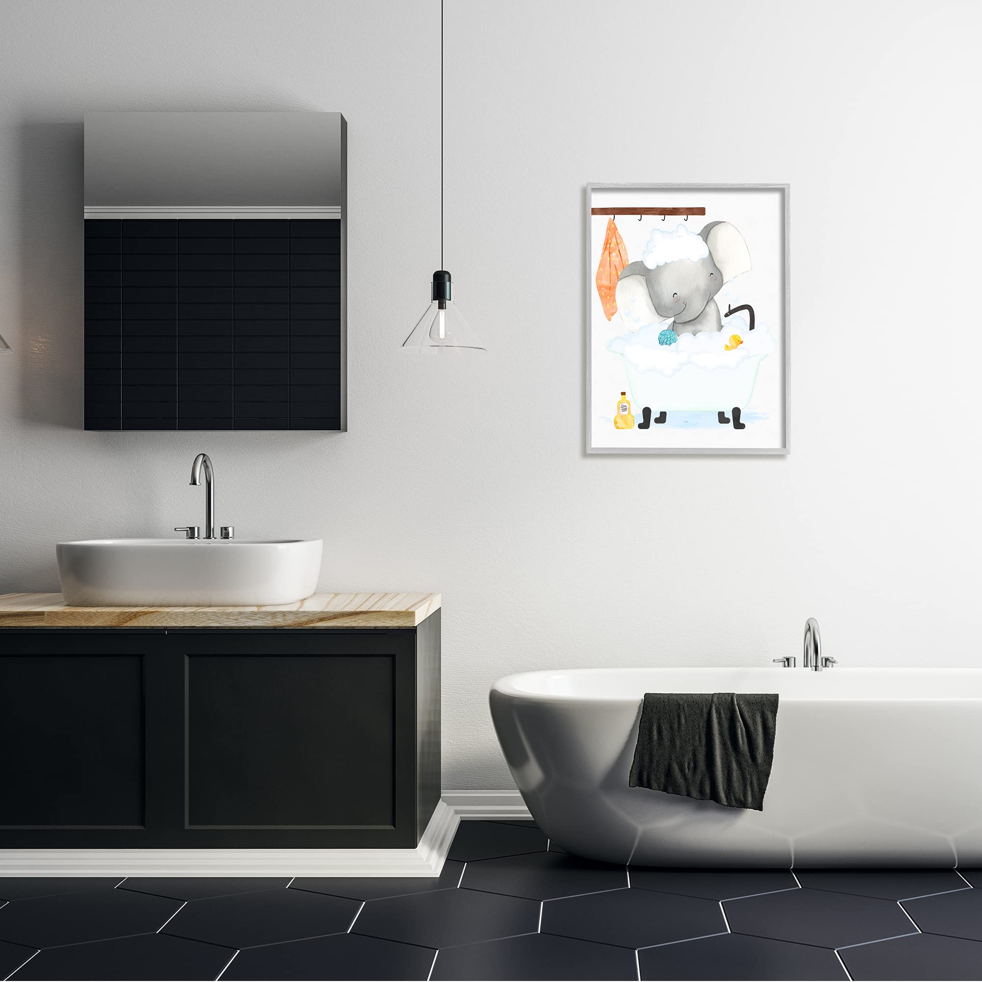 Stupell Industries Baby Elephant Bubble Bath Rubber Duck Framed Wall Art - Grey & White Nursery Decor for Kids' Bathroom & Baby Shower Gifts