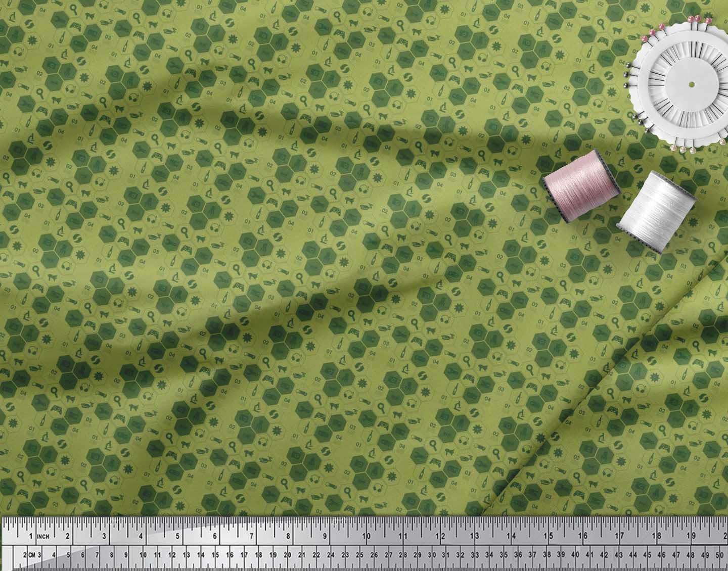 Soimoi 100% Cotton Canvas Fabric by The Yard - 42 Inch Wide - Green Camera Headphone & Megaphone Print - Perfect for DIY Crafts, Sewing Projects, Apparel & Home Decor