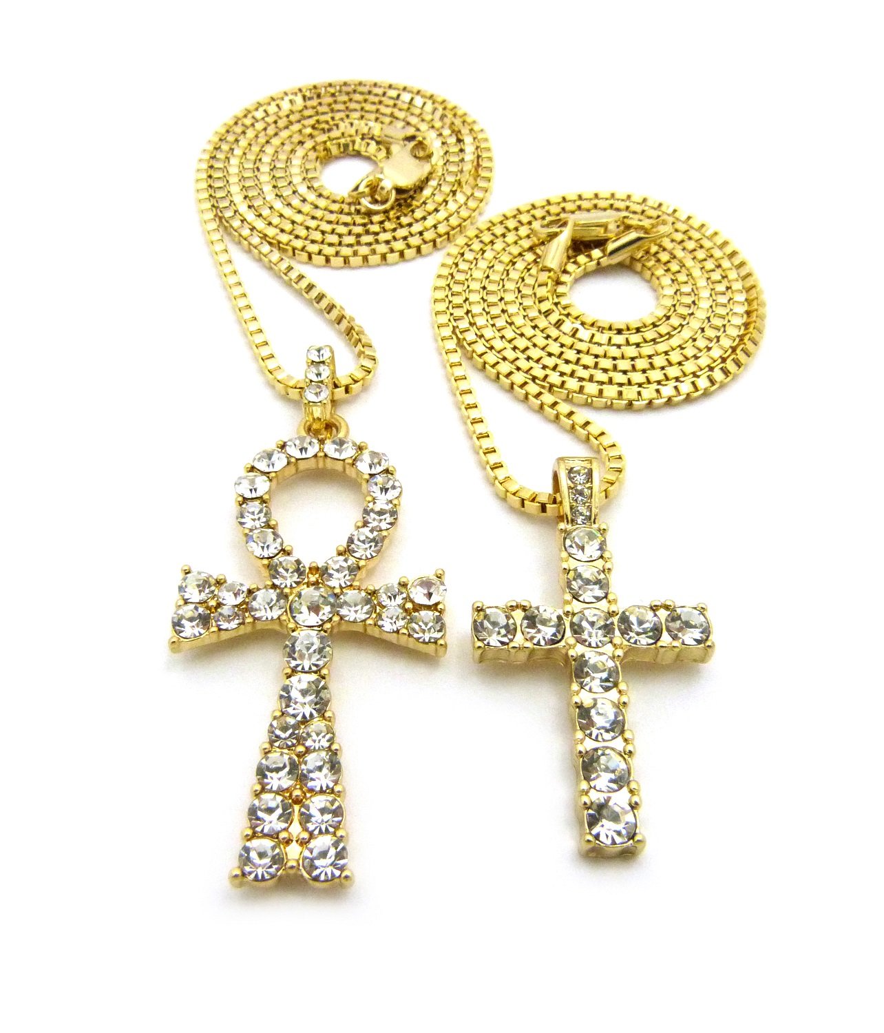 Iced Out Micro Ankh & Cross Pendant Necklace Set - 20
