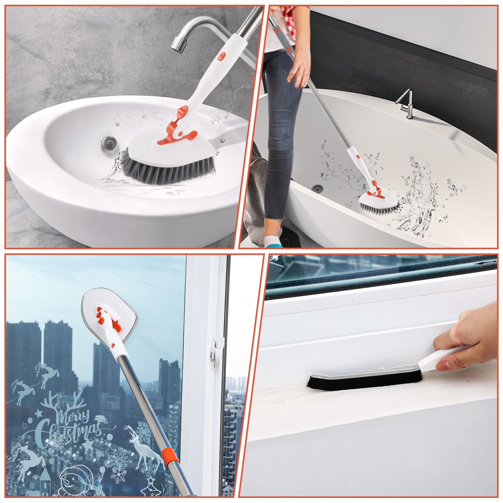 3 in 1 Tub Tile Scrubber Brush with 52 Inch Long Handle - Bathroom Shower Cleaning Brush with Locked Head for Kitchen, Toilet, Wall & Sink - Perfect for Hard-to-Reach Areas and Deep Cleaning Grout Lines