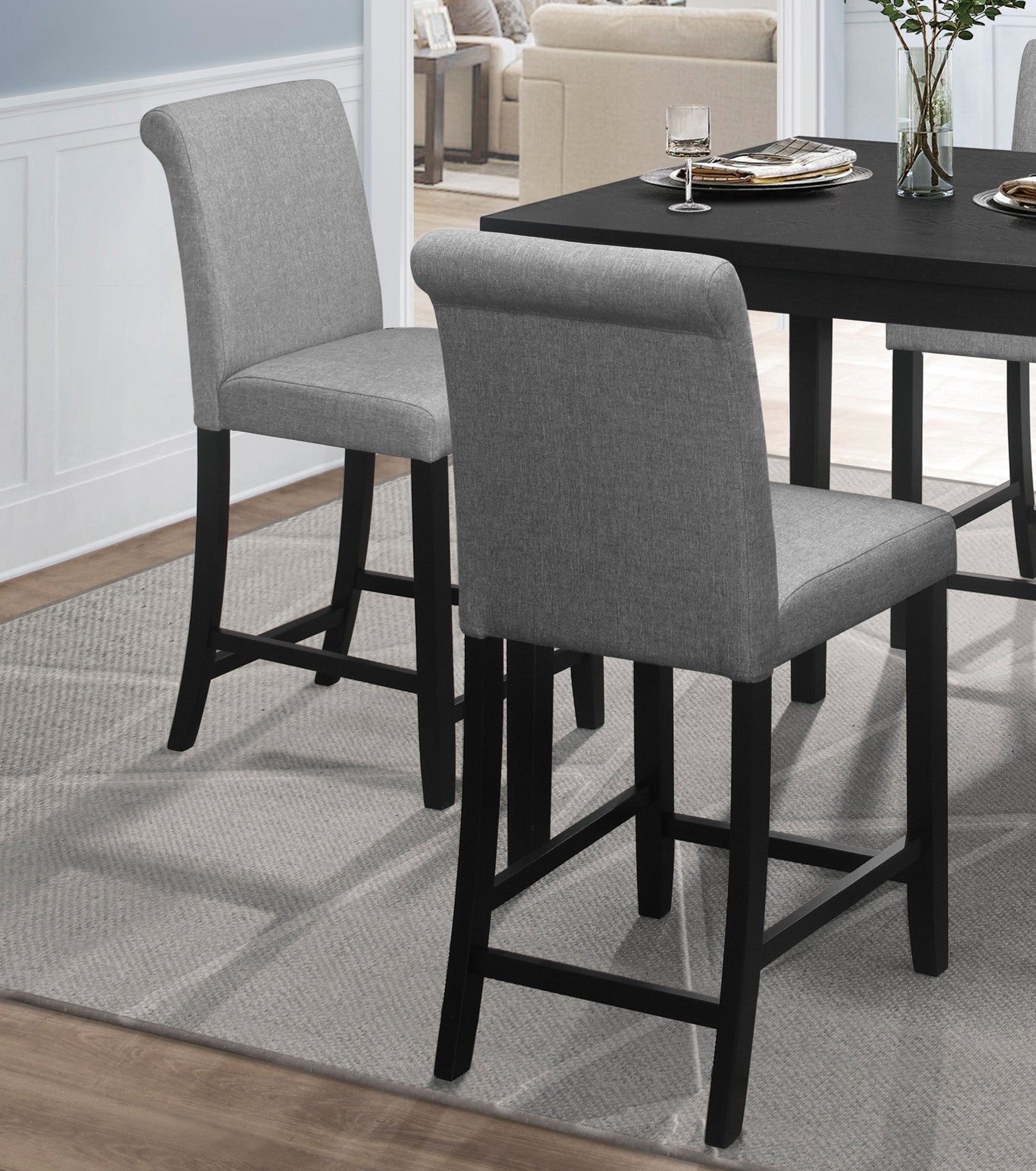 2-Pack Black Counter Height Chairs with Gray Upholstered Seat & Back - Transitional Wooden Bar Stools for Kitchen, Dining Room, and Breakfast Nook