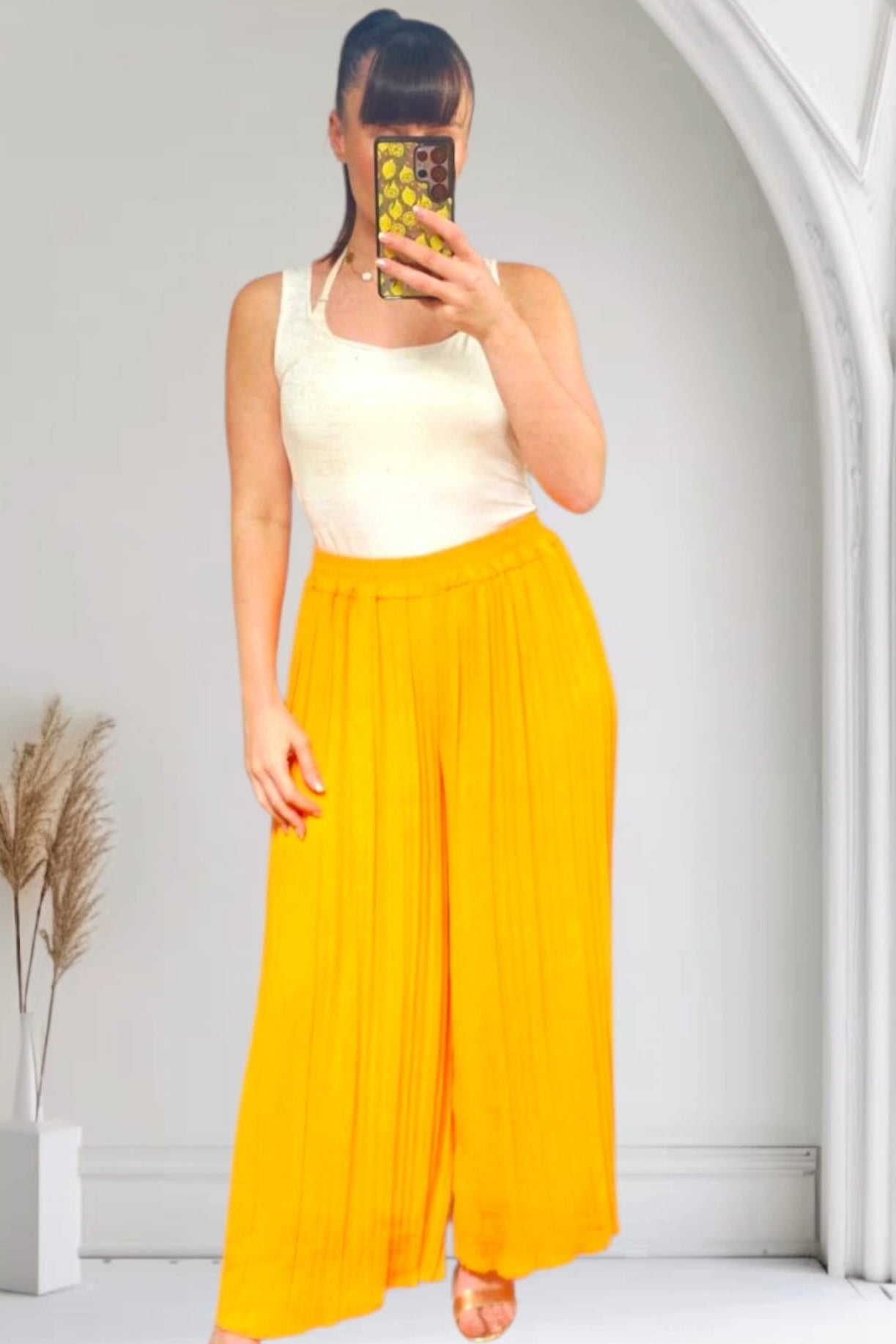 Paris Pleated Trousers for Women - High Waisted Orange Wide Leg Pants - Elegant Office Wear & Casual Outfit for Work, Dating and Special Occasions