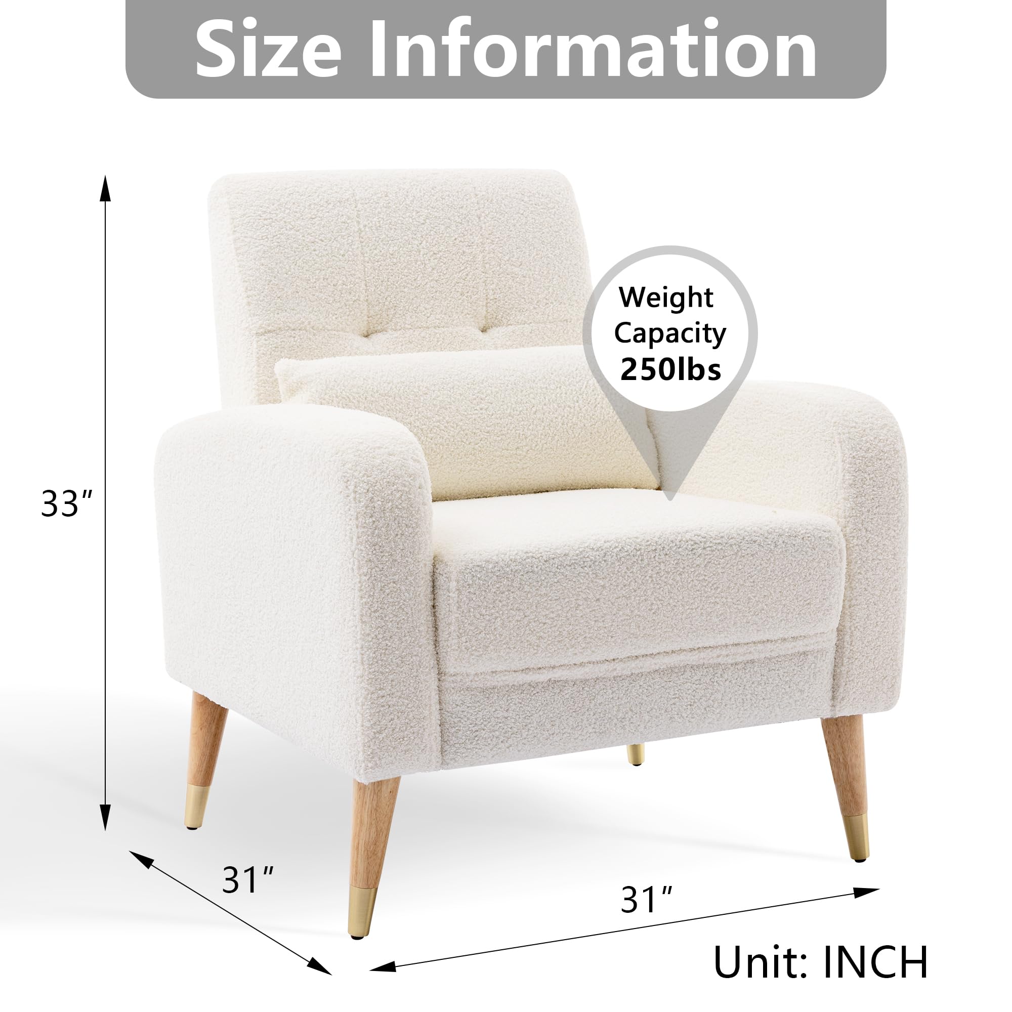 Mid-Century Modern Accent Chair - Upholstered Armchair with Sturdy Legs for Living Room & Bedroom - Comfy Single Sofa Chair in White - Perfect for Lounge, Reading Nook or Home Office Decor