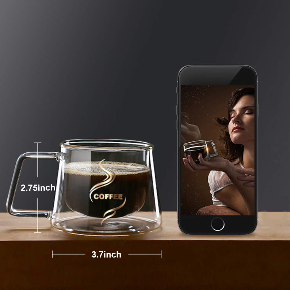 Double Wall Insulated Glass Coffee Mug with Handle - 4oz Clear Heat Resistant Cup for Hot & Cold Drinks - Dishwasher Safe for Tea, Milk, Latte, Espresso, Cappuccino, Juice & Iced Beverages - Perfect for Home, Office & Cafe Use
