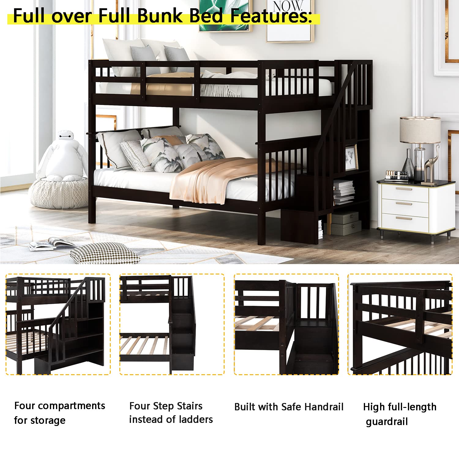Full Over Full Bunk Beds with Shelves & Stairs - Wooden Bunk Bed Frame with Storage for Kids, Teens & Adults - Detachable Design for Boys, Girls, Women & Men - Espresso Finish - Perfect for Small Bedrooms, Guest Rooms & Shared Kids' Rooms