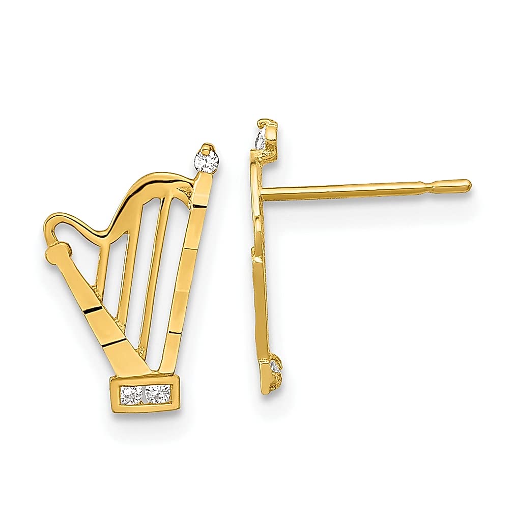 14K Gold Madi K CZ Diamond Cut Harp Post Earrings - Elegant Music Inspired Fine Jewelry for Women - Perfect Gift for Her - Ideal for Concerts, Parties & Special Occasions
