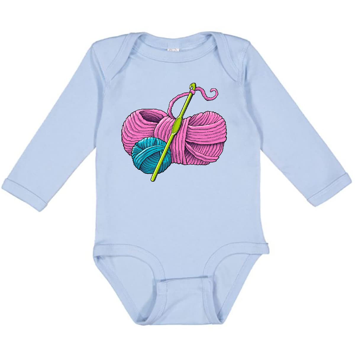 Inktastic Blue and Pink Yarn with Crochet Hook Long Sleeve Baby Bodysuit - Soft Unisex Onesie for Newborns & Infants - Perfect for Photo Shoots, Gifts & Everyday Wear