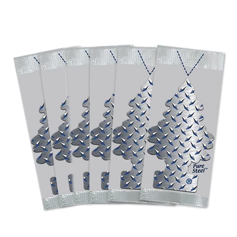 Little Trees Car Air Freshener 6-Pack, Pure Steel Scent - Long Lasting Odor Eliminator for Cars, Trucks & Vehicles | Fresh Car Interior Accessories for Home & Office Use