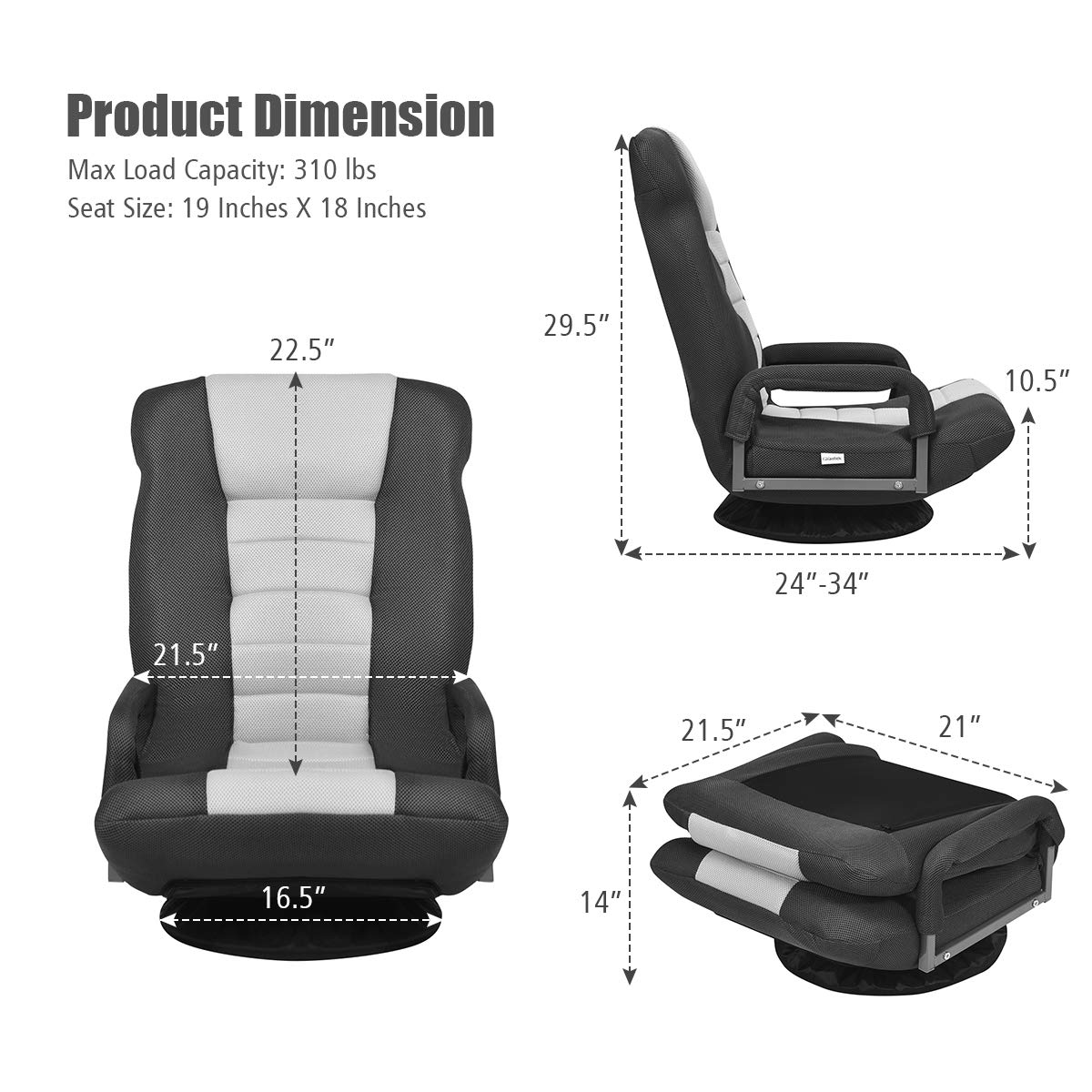 Giantex 360 Degree Swivel Floor Chair with Adjustable Backrest & Lumbar Support - Foldable Armrest Sofa Rocker for Living Room, Bedroom, TV Watching, Reading & Gaming - Black/Grey Home Comfort Seating Solution