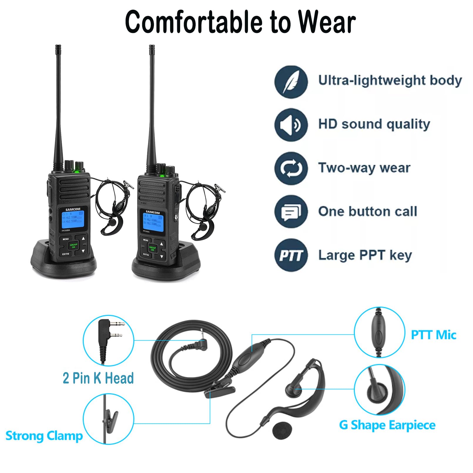Original SAMCOM 2-Pin Headset with Mic - Replacement Ear Piece for FPCN30A/FPCN10A Two-Way Radios - Big PTT Button & Soft Ear Hook Walkie Talkie Accessory (1 Pack) - Ideal for Security, Construction & Event Staff Communication