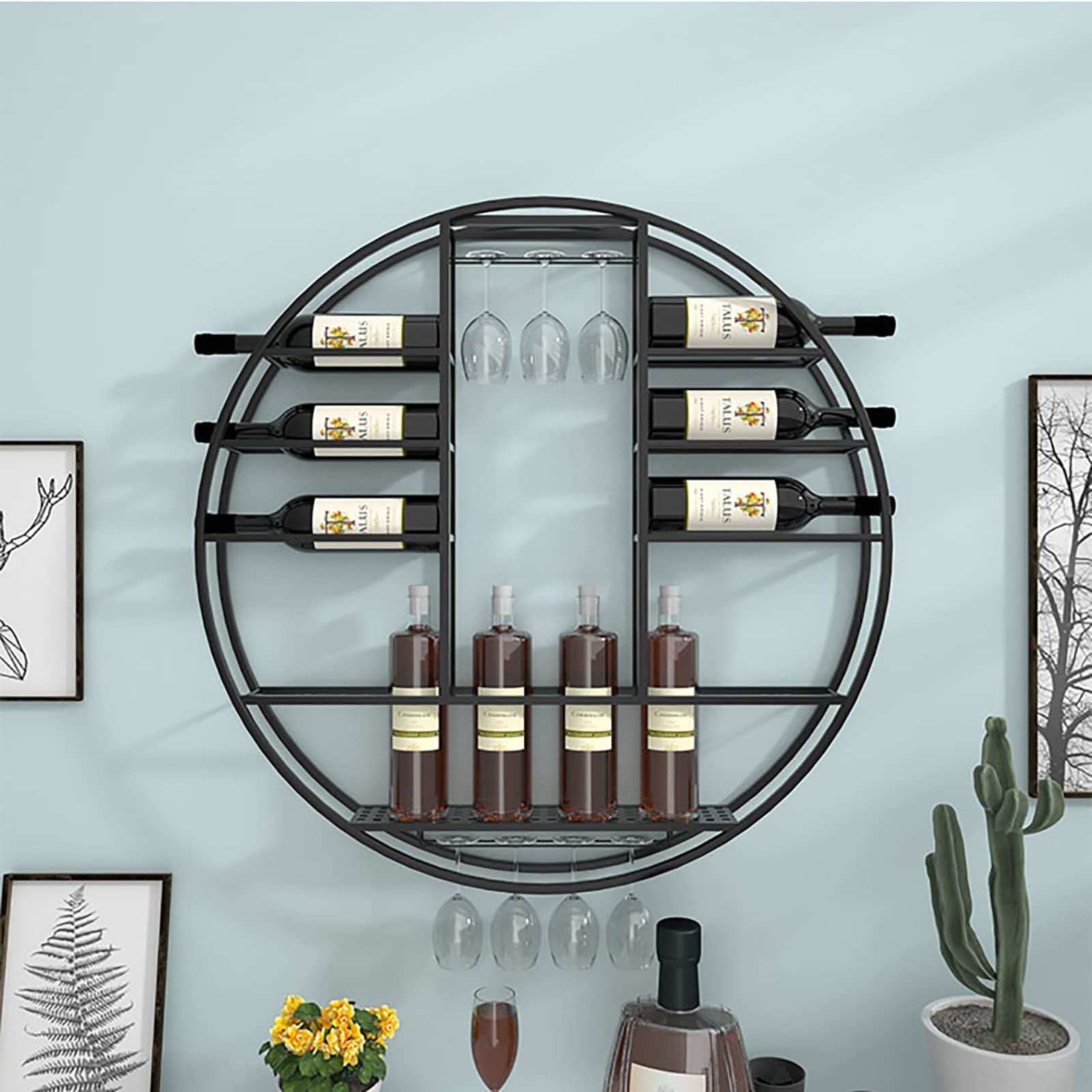 Metal Black Wall Mounted Round Wine Rack & Glass Holder - 90x11x90cm Bar Storage Shelf for Kitchen, Cellar Decor | Perfect for Home Bars, Restaurants & Wine Display