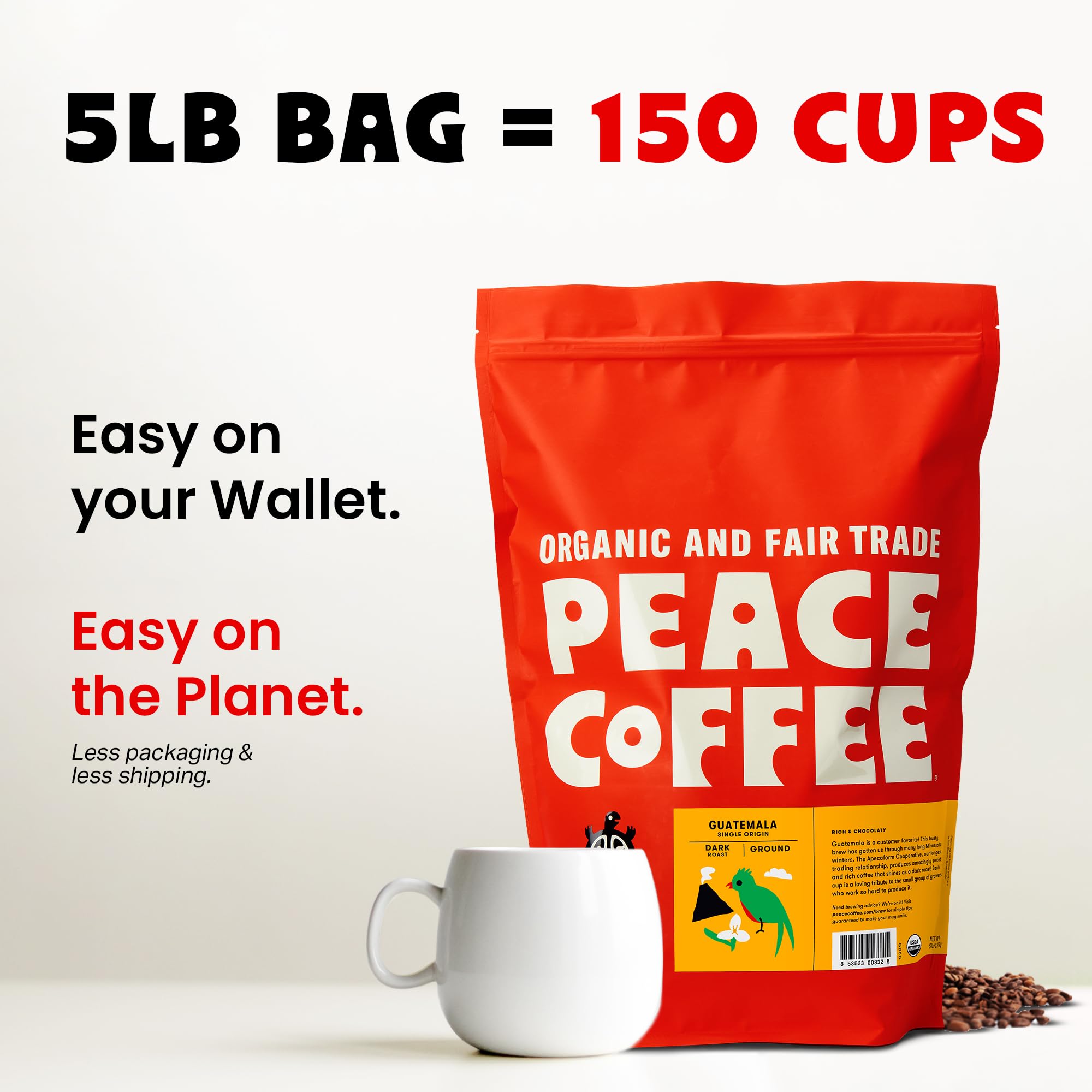 Organic Fair Trade Peace Coffee Guatemala Single Origin - 5 lb Ground Dark Roast with Rich Chocolatey Flavor | Shade Grown & Fresh Roasted | Perfect for Home Brewing, Office Use & Gift Giving