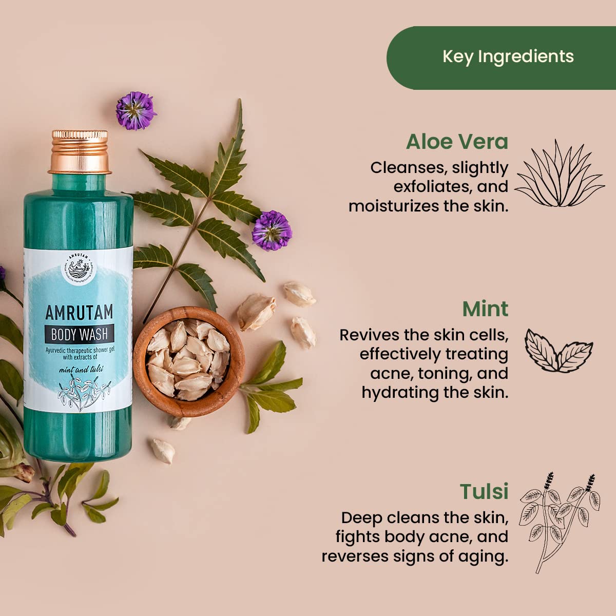 AMRUTAM Natural Body Wash with Aloe Vera, Mint & Tulsi - 200ml | Hydrating & Refreshing Shower Gel for Dry & Sensitive Skin | Perfect for Daily Use & Spa Days
