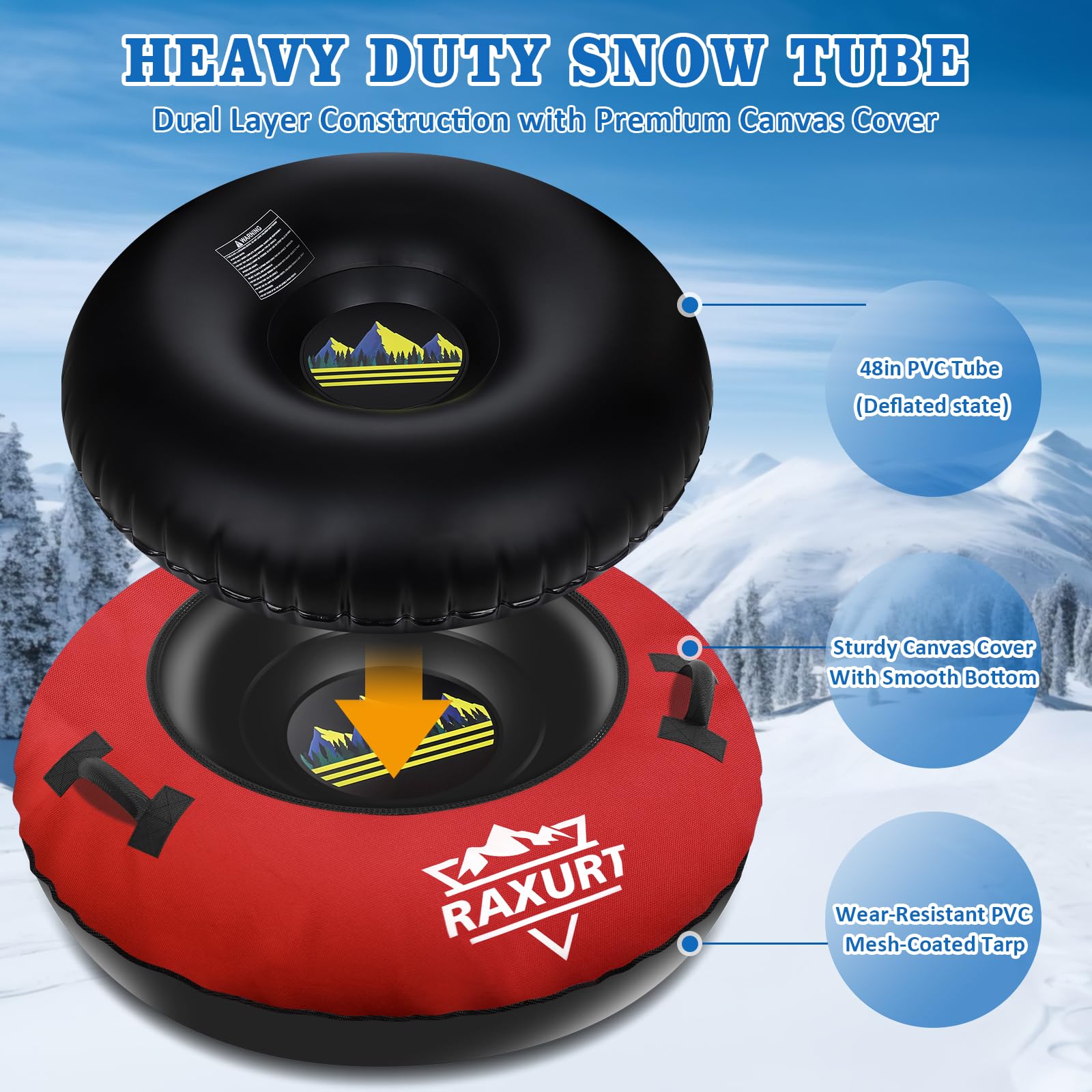 Premium Heavy Duty Snow Tube with Thickened Bottom - 48'' Inflatable Snow Sled for Kids & Adults - Durable Canvas Cover - Winter Outdoor Fun Toy for Boys, Girls & Families - Perfect for Sledding, Snow Tubing & Backyard Winter Activities
