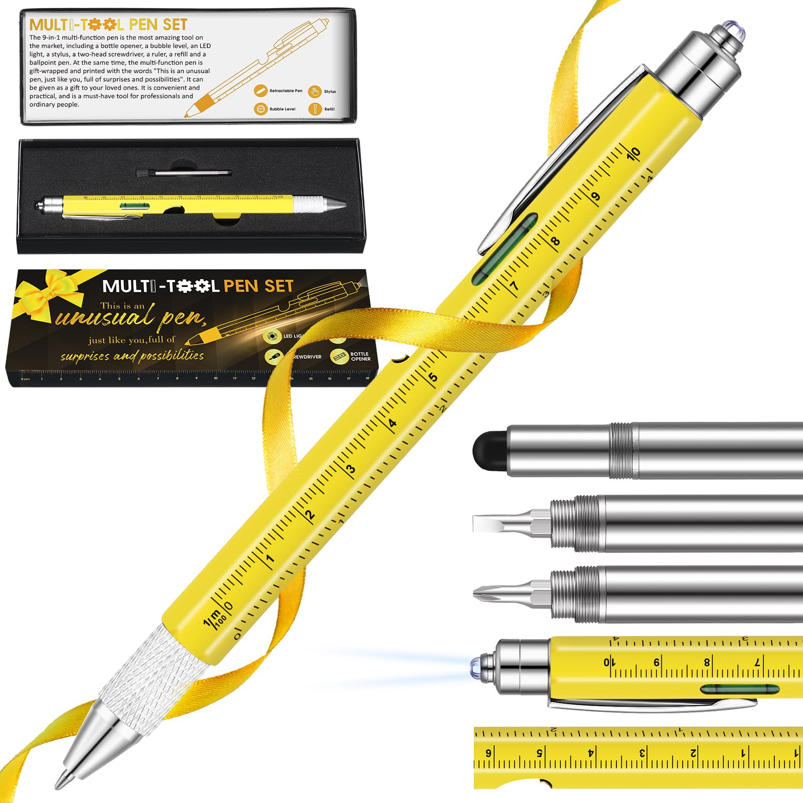 9-in-1 Multitool Pen for Men - Premium Stocking Stuffer, White Elephant & Christmas Birthday Gift for Dad, Husband (Yellow) - Perfect for Camping, Hiking, Office & Everyday Carry