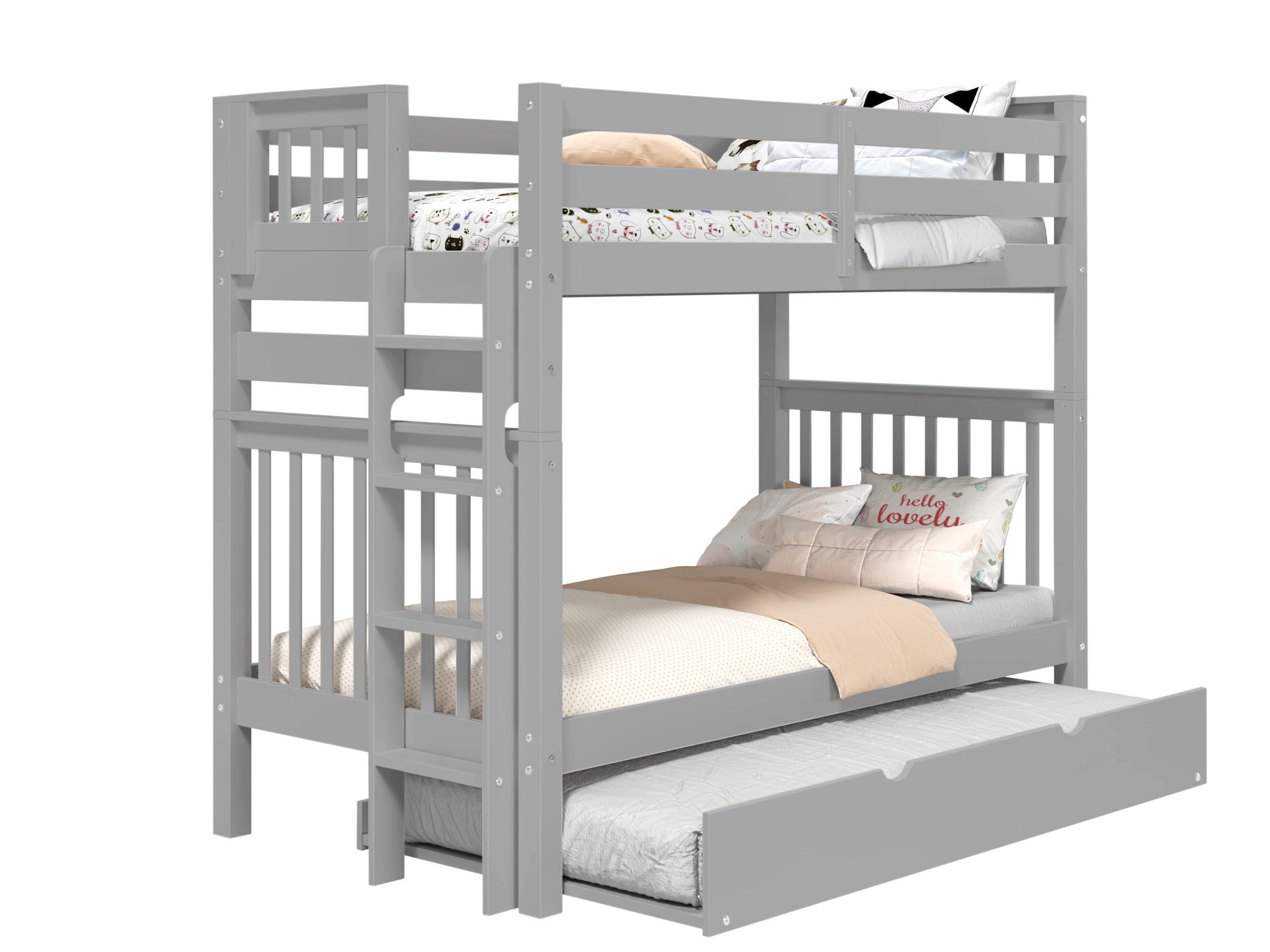 Space-Saving Twin Over Twin Bunk Bed with Trundle - Gray Wooden Loft Bed for Kids & Teens - Perfect for Small Bedrooms, Guest Rooms & Dormitories