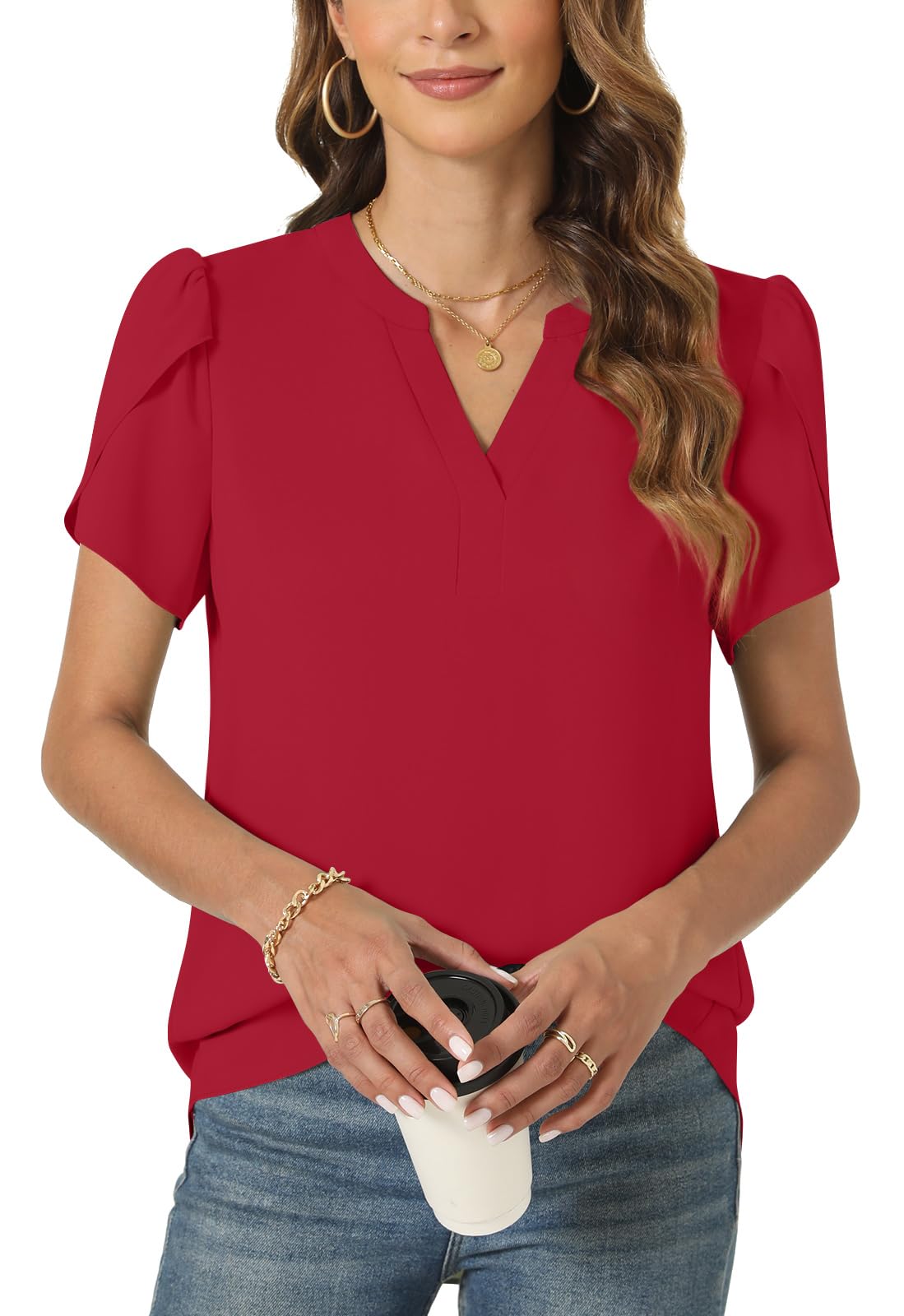 Anyally Women's Plus Size Short Sleeve Chiffon Blouse - Flowy Casual Work Tunic Top for Office, Summer & Everyday Wear