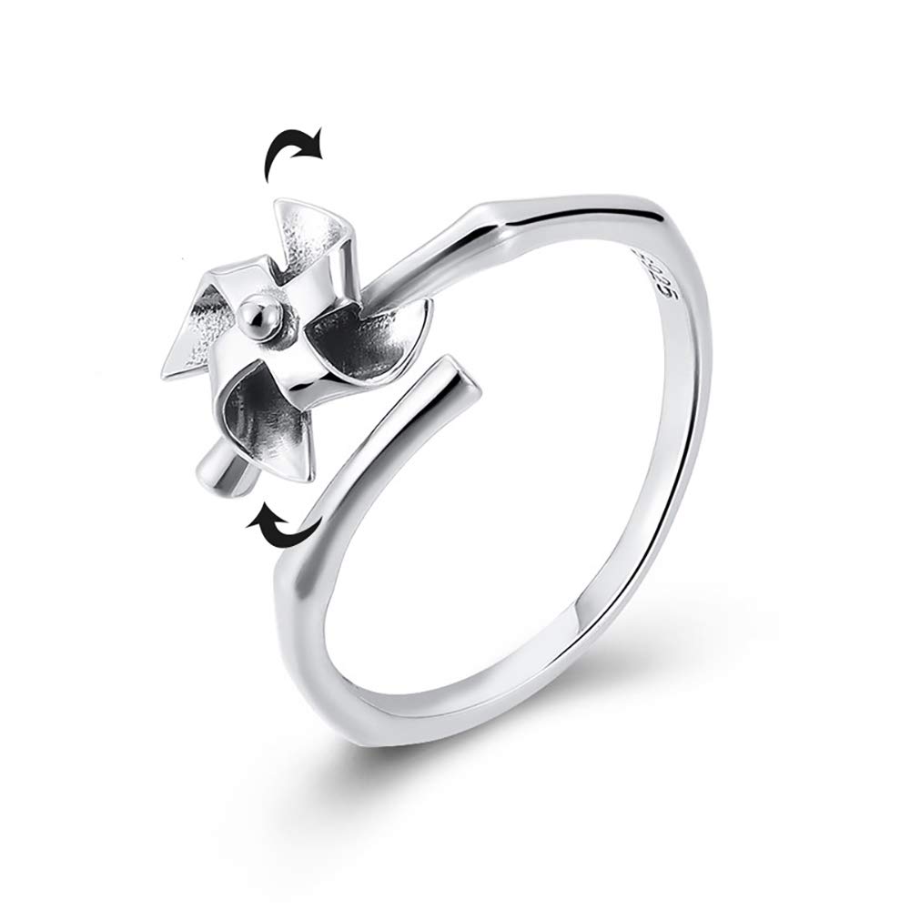 LOVECOM 925 Sterling Silver Fidget Spinner Ring for Women - Adjustable Size Fashion Statement Jewelry - Unique Spinning Windmill Design - Perfect Birthday & Graduation Gift for Her - Great for Stress Relief, Anxiety Management and Stylish Everyday Wear