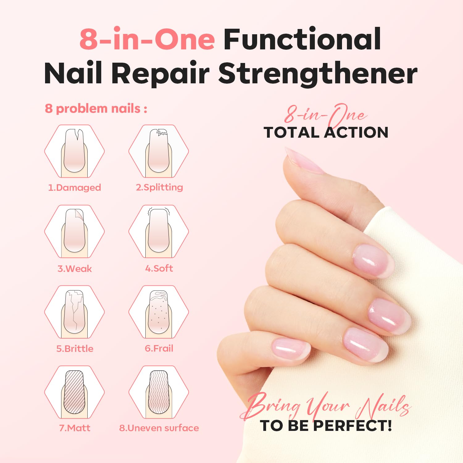 Modelones Nail Strengthener & Ridge Filler - Clear Nail Polish for Thin, Weak & Damaged Nails - Nail Hardener with Pink Glow (15ml) - Perfect for At-Home Manicures & Nail Care Routine