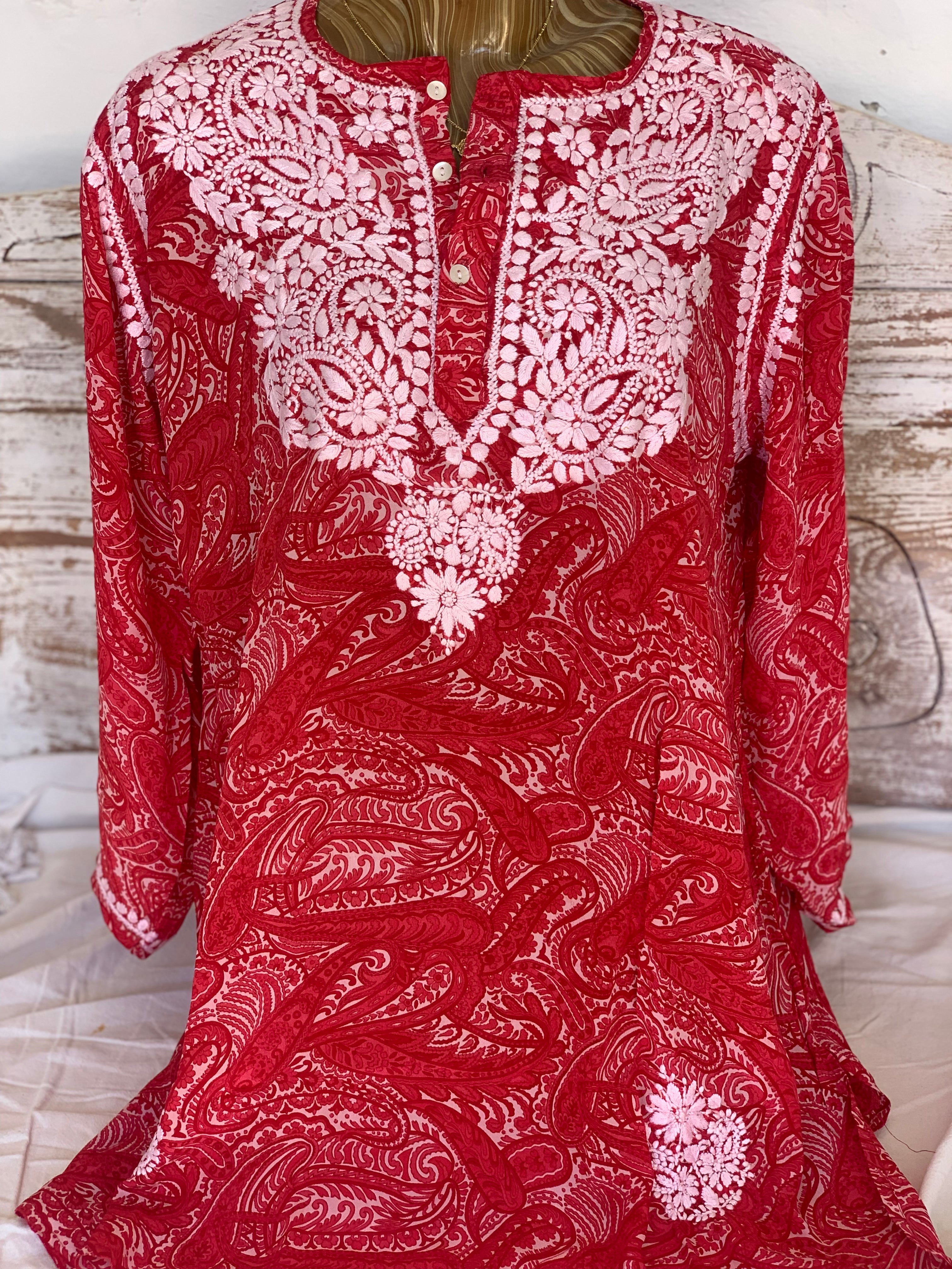 2024 New Silk Tunic - Stunning Red & White Handcrafted Design | Perfect for Summer Dresses, Beach Cover Ups & Boho Fashion