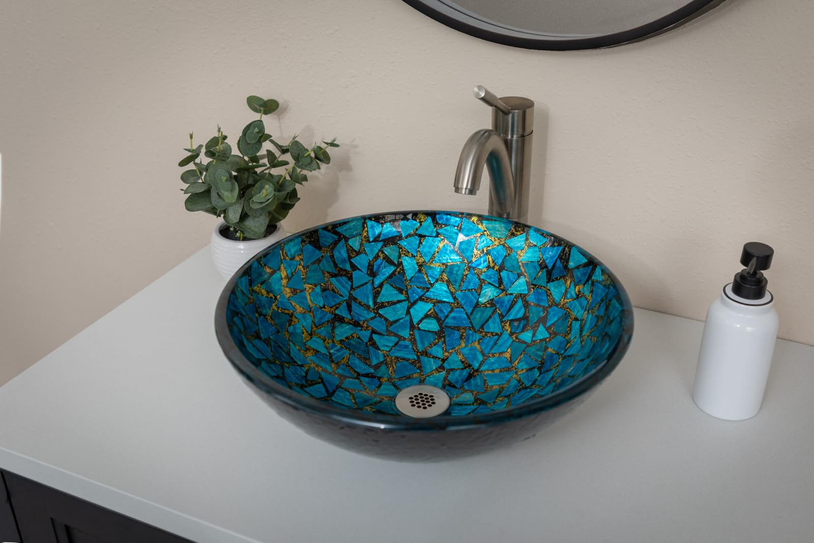 Blue and Gold Mosaic Round Glass Bathroom Vessel Sink - Modern Handmade Artisan Sink for Powder Rooms, Guest Baths & Luxury Home Decor