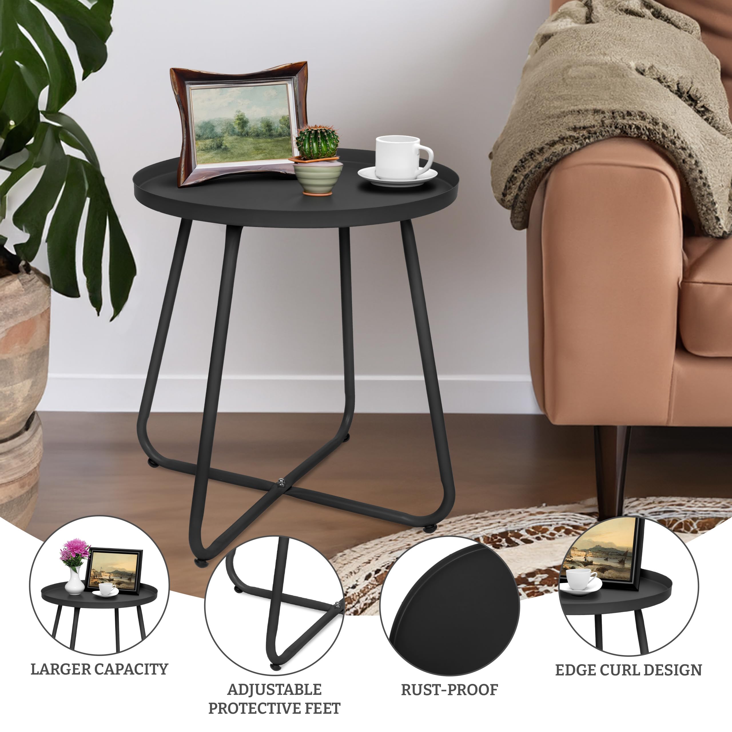 CODIN Set of 2 Weather-Resistant Metal Outdoor Side Tables - Small Round End Tables for Patio, Garden, Porch, Balcony, Yard & Lawn (Black) - Perfect for Outdoor Relaxation & Entertaining