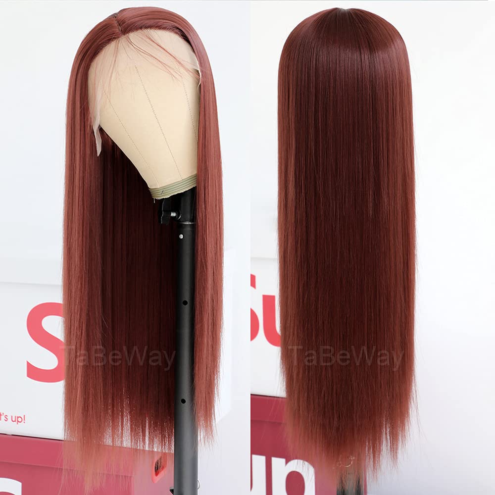 Long Straight Reddish Brown Synthetic Lace Front Wig - Glueless Heat Resistant Human Hair Replacement for Women | Perfect for Cosplay, Daily Wear & Special Occasions