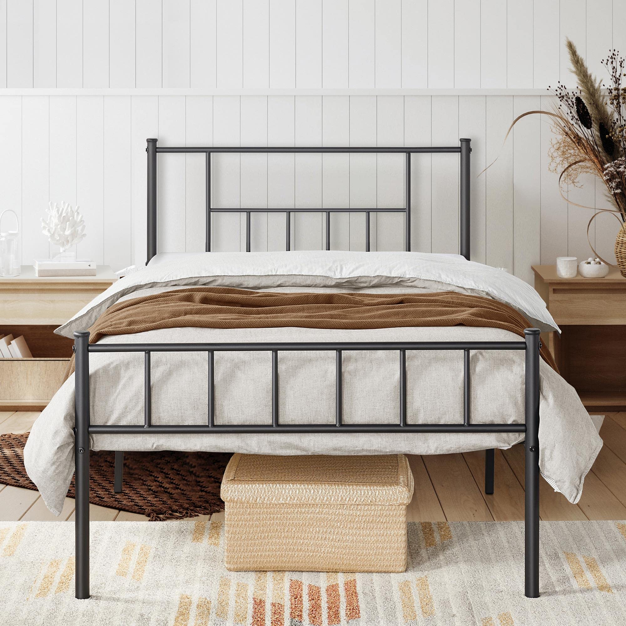 Yaheetech 13 Inch Twin XL Metal Bed Frame with Headboard & Footboard - Sturdy Platform Bed with Storage Space, No Box Spring Required - Mattress Foundation in Black - Perfect for Small Bedrooms, Dorms & Guest Rooms