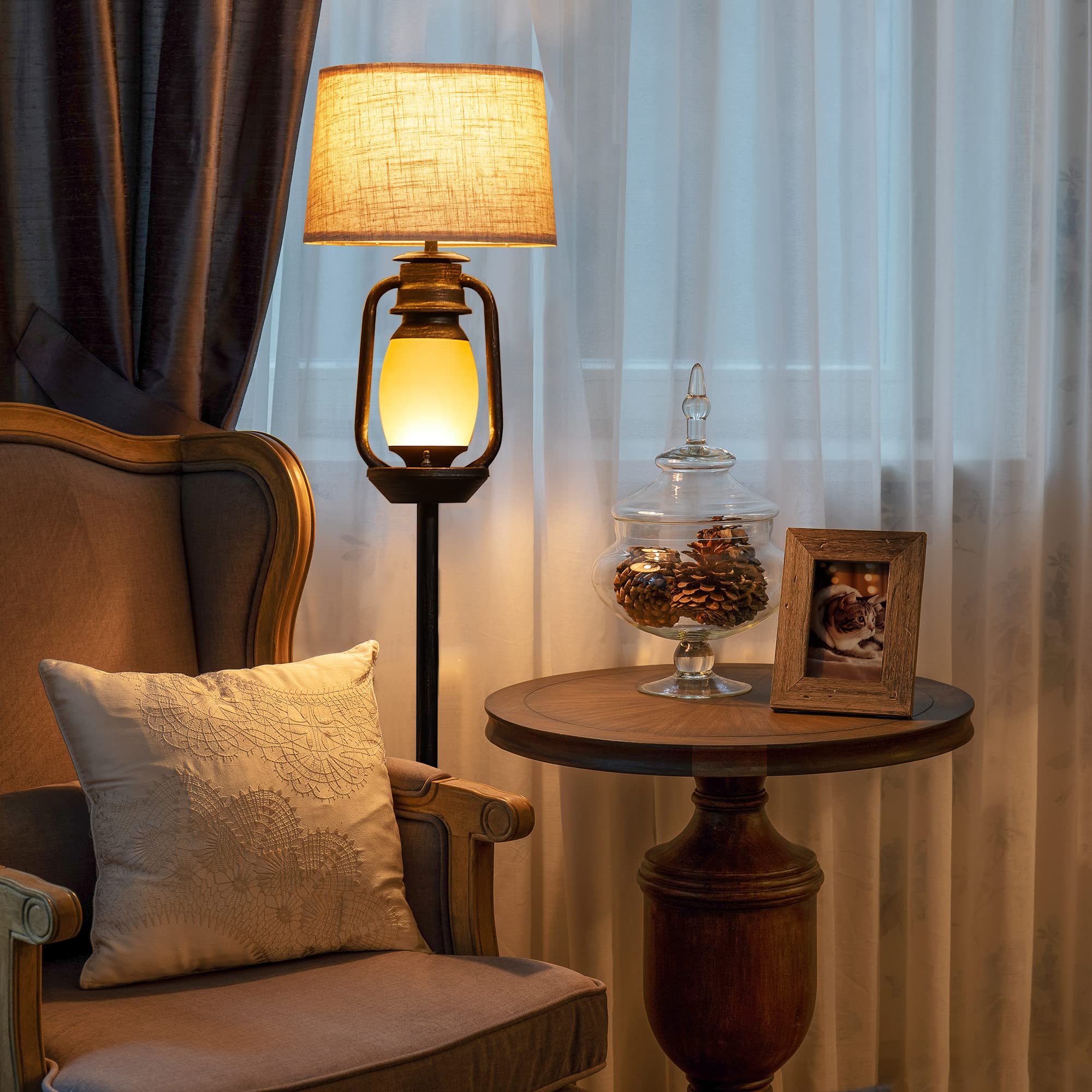 Farmhouse Floor Lamp with Night Light - Rustic Standing Lamp for Living Room & Bedroom - Beige Linen Drum Shade, Oil Rubbed Bronze Finish - Traditional Home Decor with Foot Switch - Perfect for Cozy Reading Nooks & Farmhouse Style Interiors
