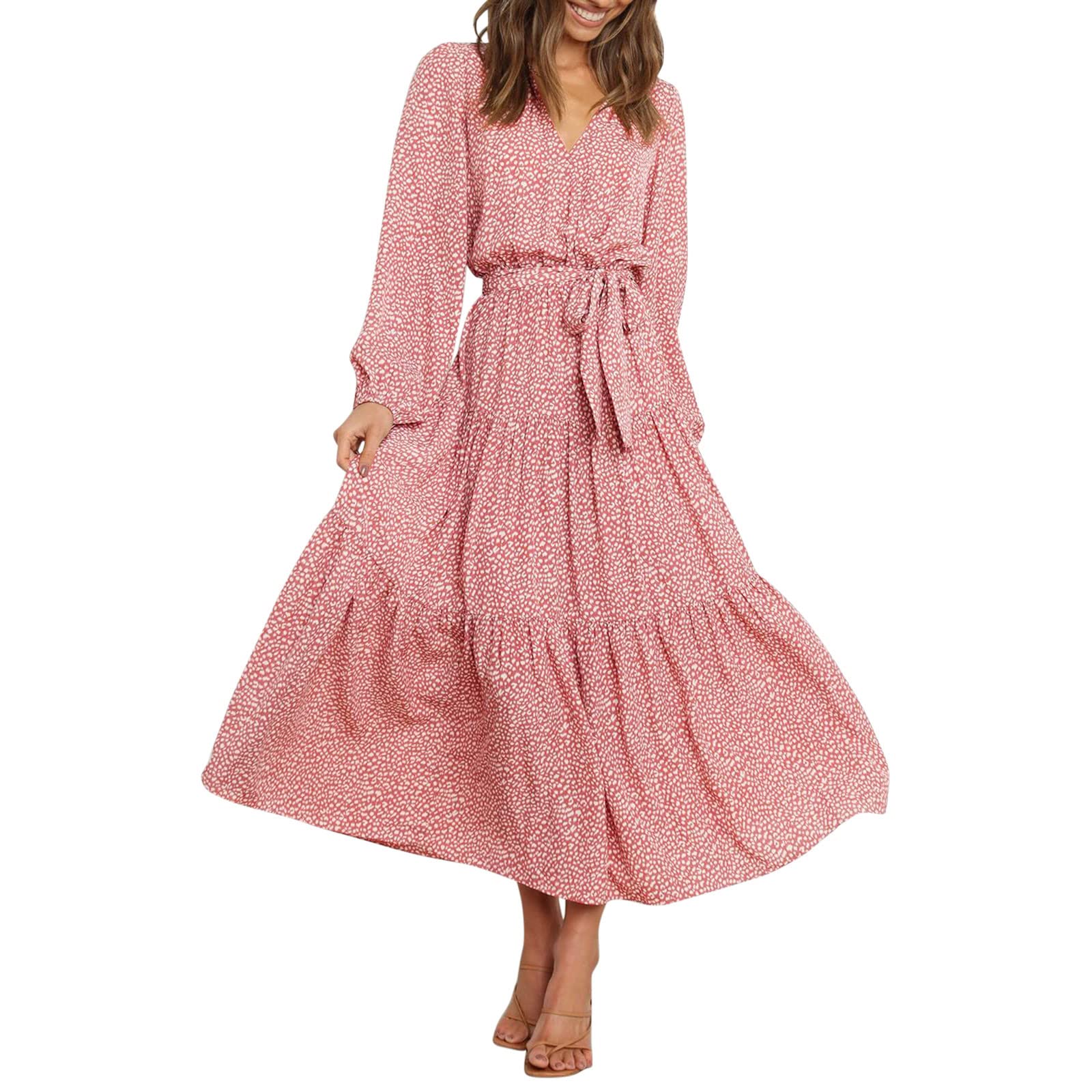 Women's Leopard Print Casual V-Neck Long Sleeve Midi Dress - Elegant Flowy Shirt Dress for Everyday Wear, Office, Date Night & Special Occasions