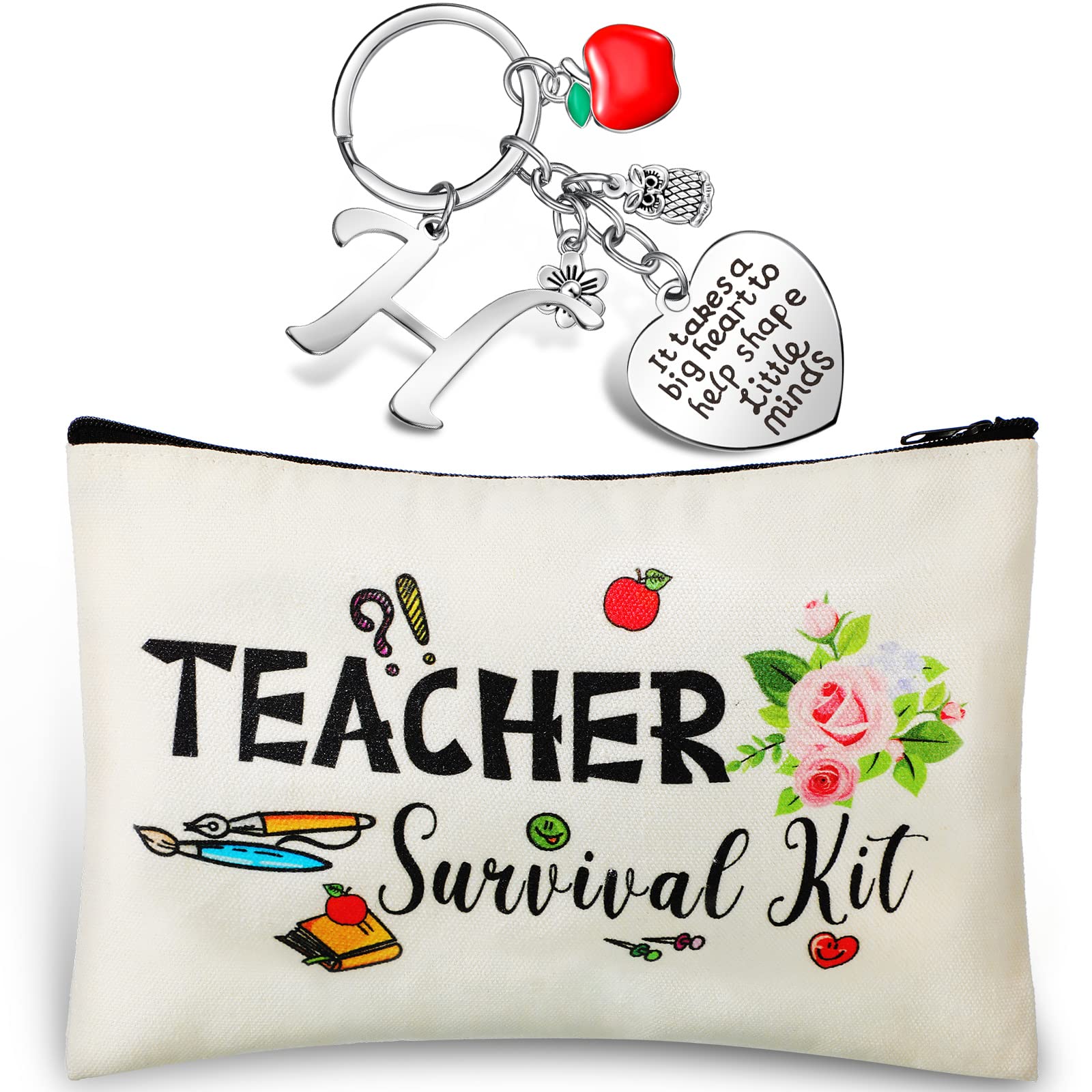 Personalized Teacher Appreciation Gift Set - Custom Initial Keychain & Thank You Makeup Pouch Bag (H Style) - Perfect for End of Year, Christmas, Birthday Gifts for Educators