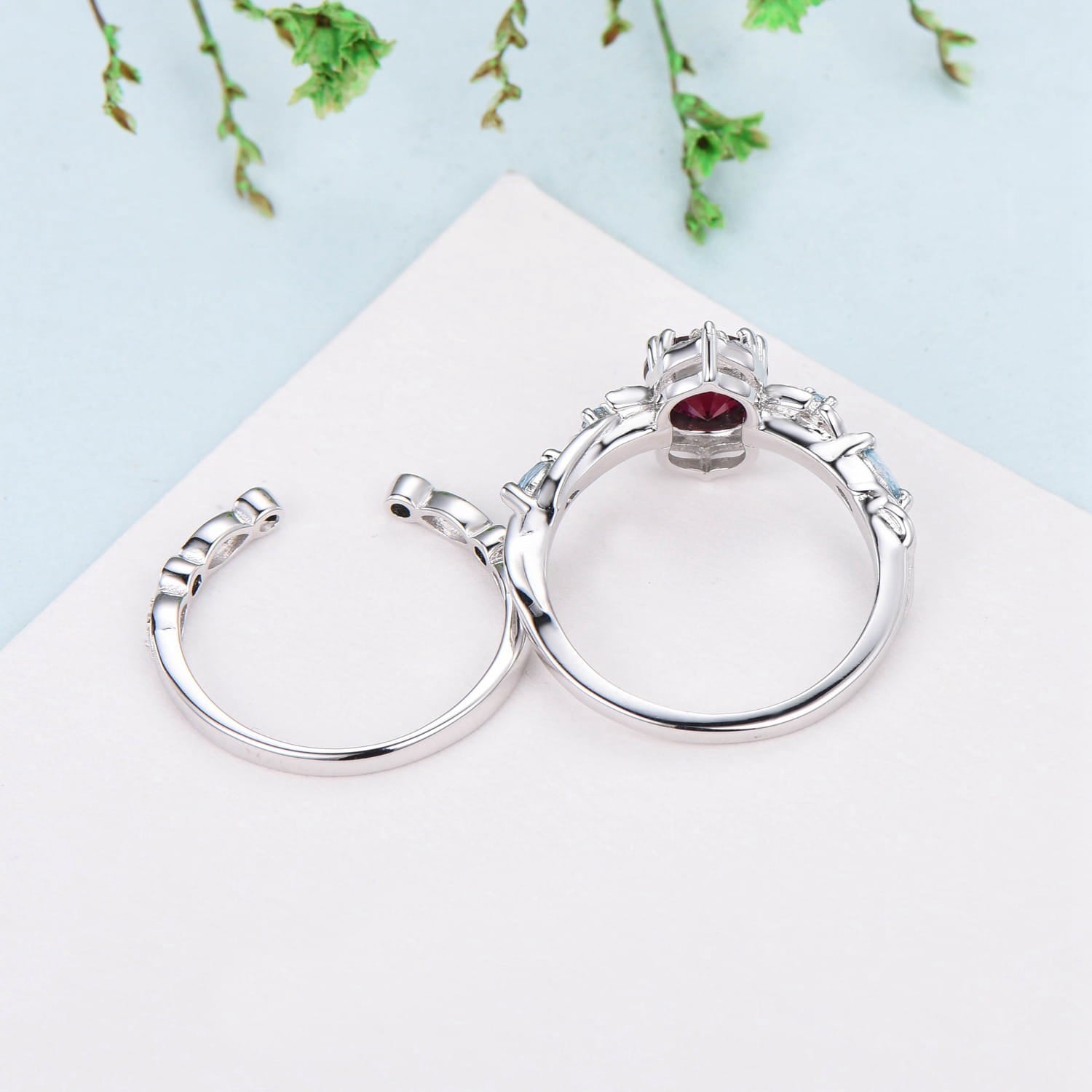 Unique Crescent Moon Ruby Engagement Ring Set - Nature Inspired Swiss Topaz Wedding Band with Open Gap Black Spinel Stacking Ring for Women | Perfect for Bridal Jewelry, Anniversary Gifts & Special Occasions