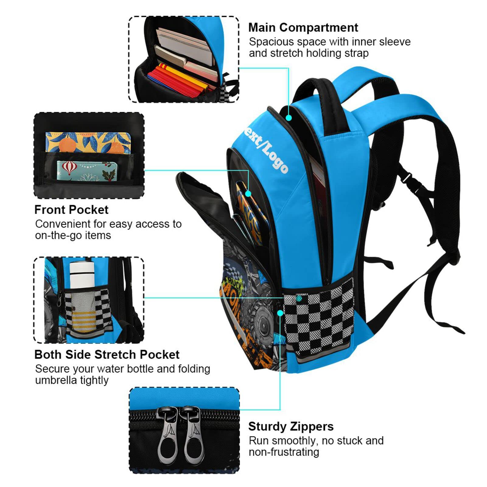 Custom Personalized Monster Truck Backpack for Boys & Girls - Durable School Backpack with Adjustable Straps, Kids Bookbag for Elementary Students - Perfect for School, Travel & Outdoor Adventures