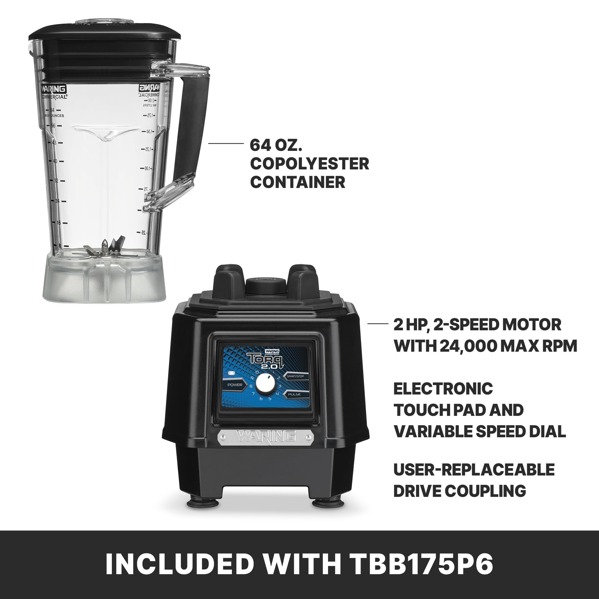 Waring Commercial TBB175P6 64 oz Copolyester Blender - Heavy Duty Commercial Blender with 64 Ounce Container, Black - Perfect for Smoothies, Shakes & Food Prep in Restaurants & Bars