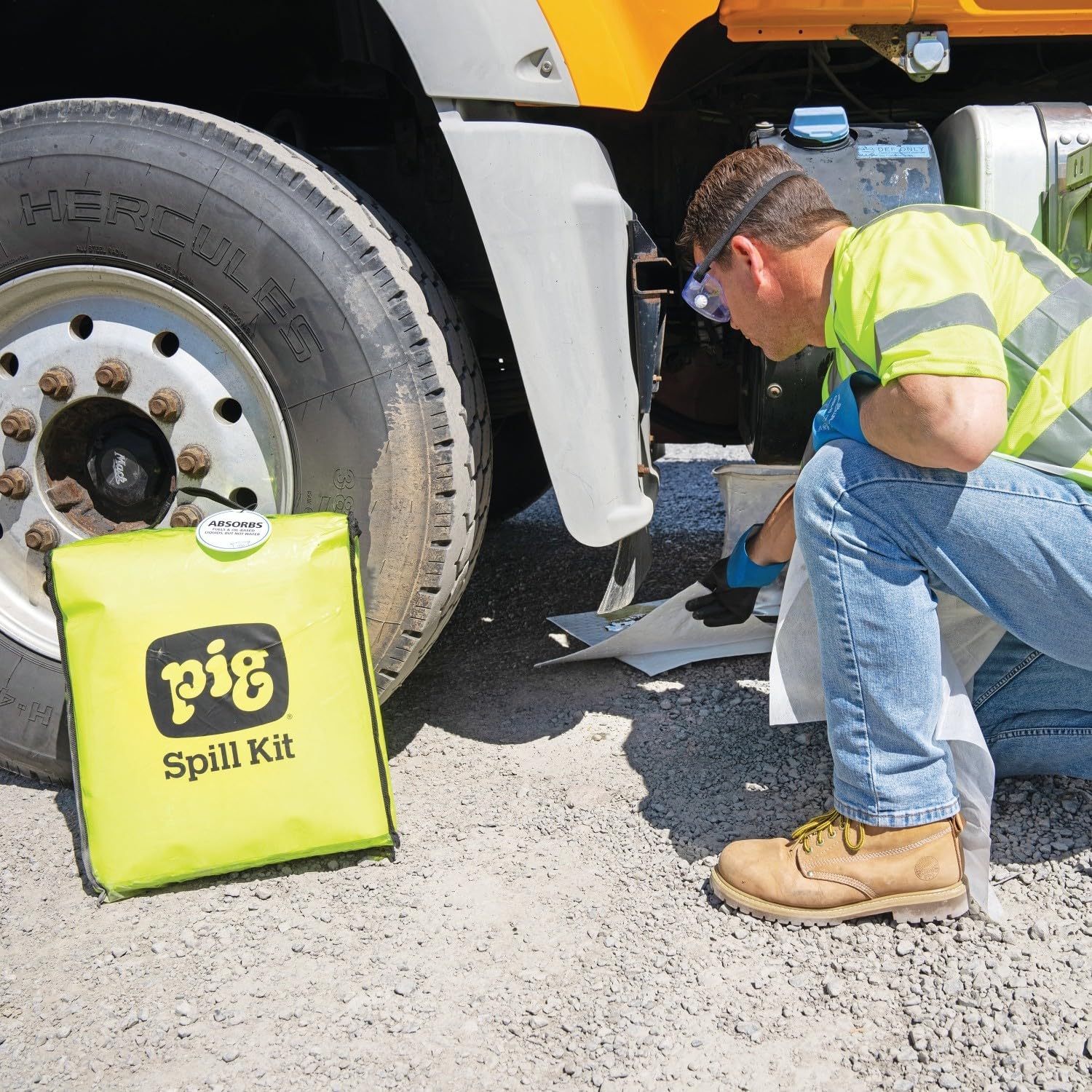 PIG Hi-Viz Oil-Only 6.5 Gallon Truck Spill Kit in Clear See-Thru Bag | Fuel & Oil Spill Containment for Commercial Vehicles | Emergency Leak Response for Truck Stops, Garages & Fleet Maintenance