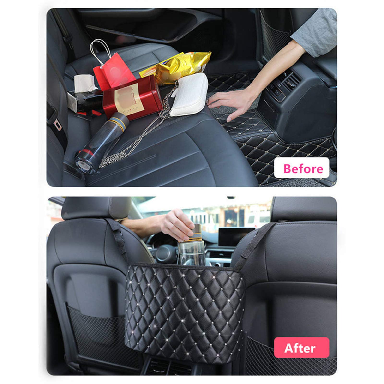 Universal PU Leather Car Seat Organizer - Hanging Handbag & Purse Holder Between Seats, Backseat Storage Net for Kids & Pets - Perfect for Road Trips, Commuting & Family Travel Accessories
