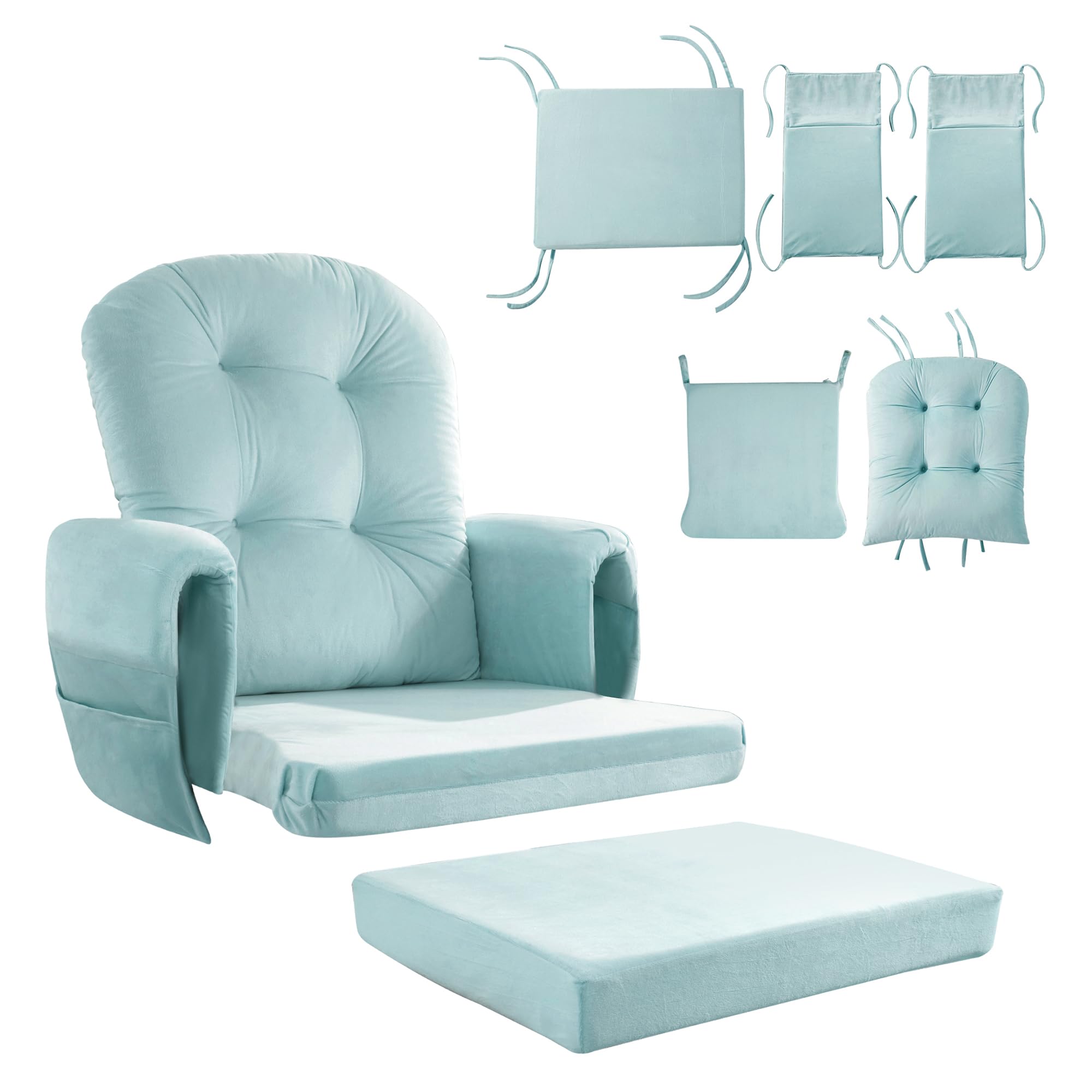 HOMBYS 5-Piece Glider Rocker Replacement Cushions Set - Velvet Fabric with Foam & Microfiber Filling, Non-Slip & Washable, Thickened Support for Rocking Chairs - Includes Storage Side Pocket - Blue | Perfect for Nursery, Living Room & Relaxation