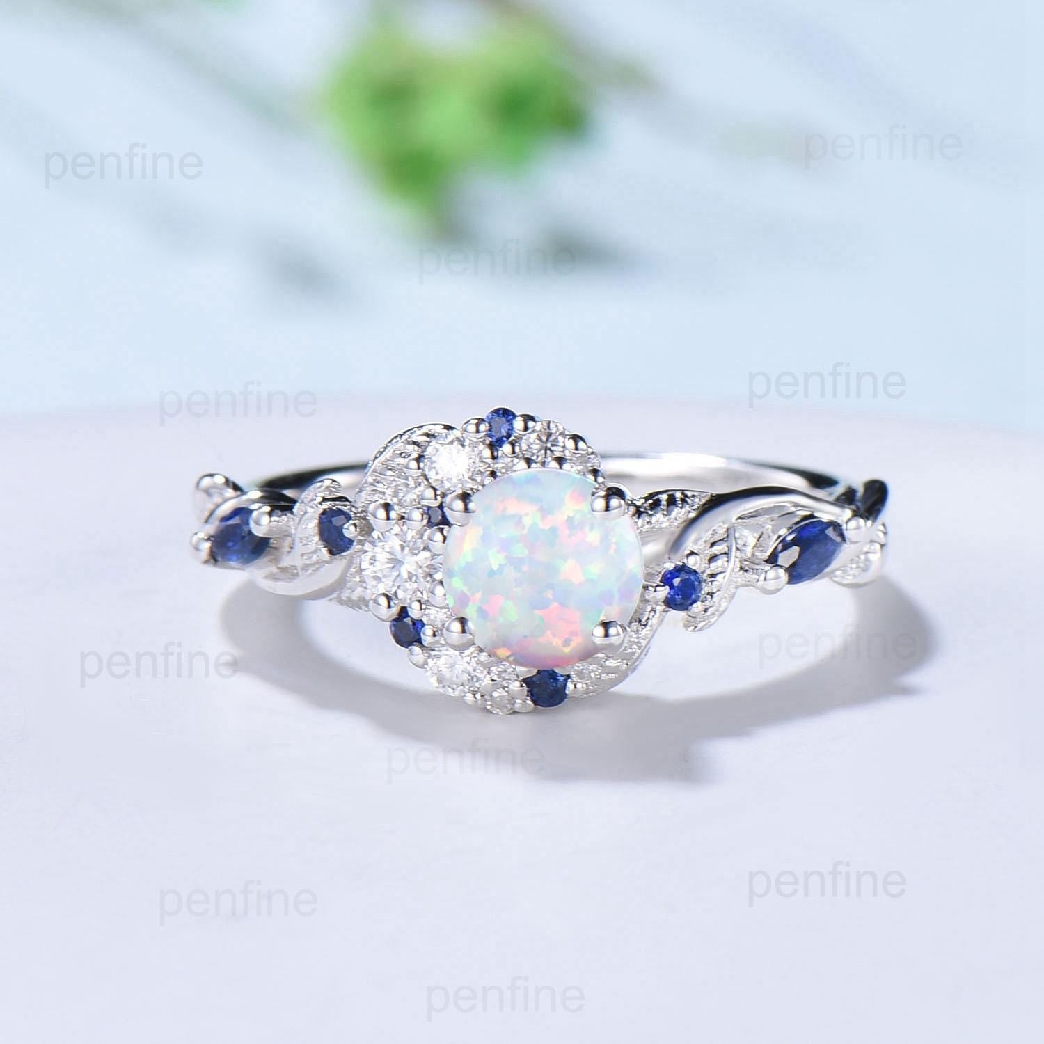 5mm Round White Opal Sapphire Engagement Ring - Moon Style Cluster Moissanite Wedding Band for Women - Nature Inspired Jewelry - October Birthstone Gift - Perfect for Proposals, Anniversaries & Special Occasions