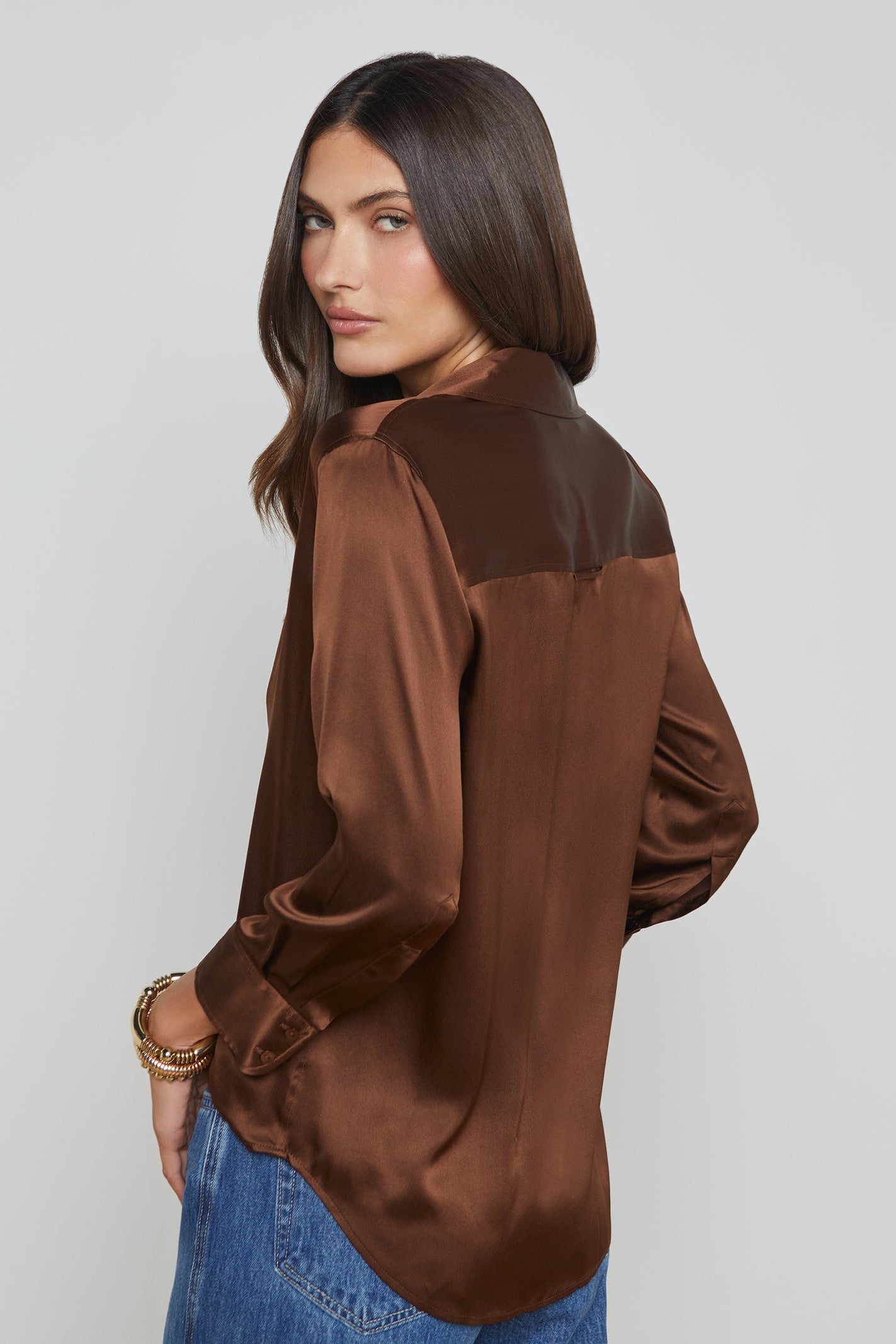L'Agence Dani Silk Blouse for Women - Elegant Long Sleeve Button Down Shirt for Work, Office & Special Occasions