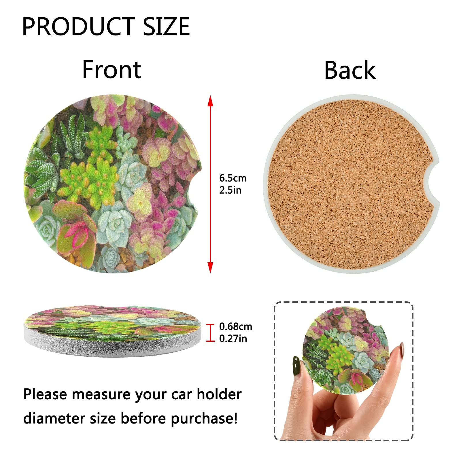2 Pack Mini Ceramic Succulent Car Coasters - Absorbent Drink Coasters for Cars with Non-Slip Grip (2.5 Inch) - Perfect for Coffee, Soda & Beverages in Vehicles, Office & Home Use