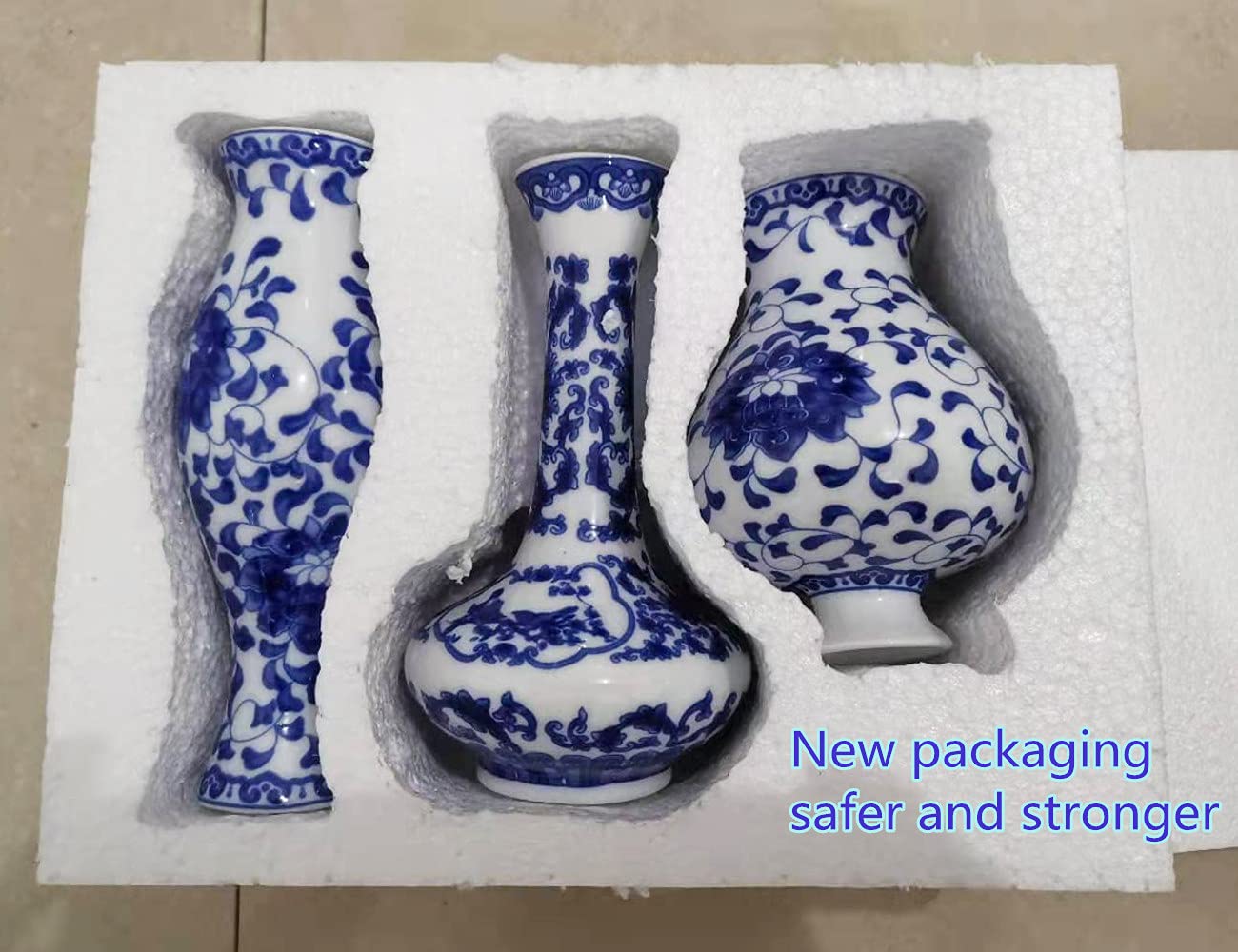 Set of 3 Small Blue & White Porcelain Vases - Fambe Glaze Ceramic Flower Vases for Home Décor, Wedding Centerpieces & Tabletop Decorations